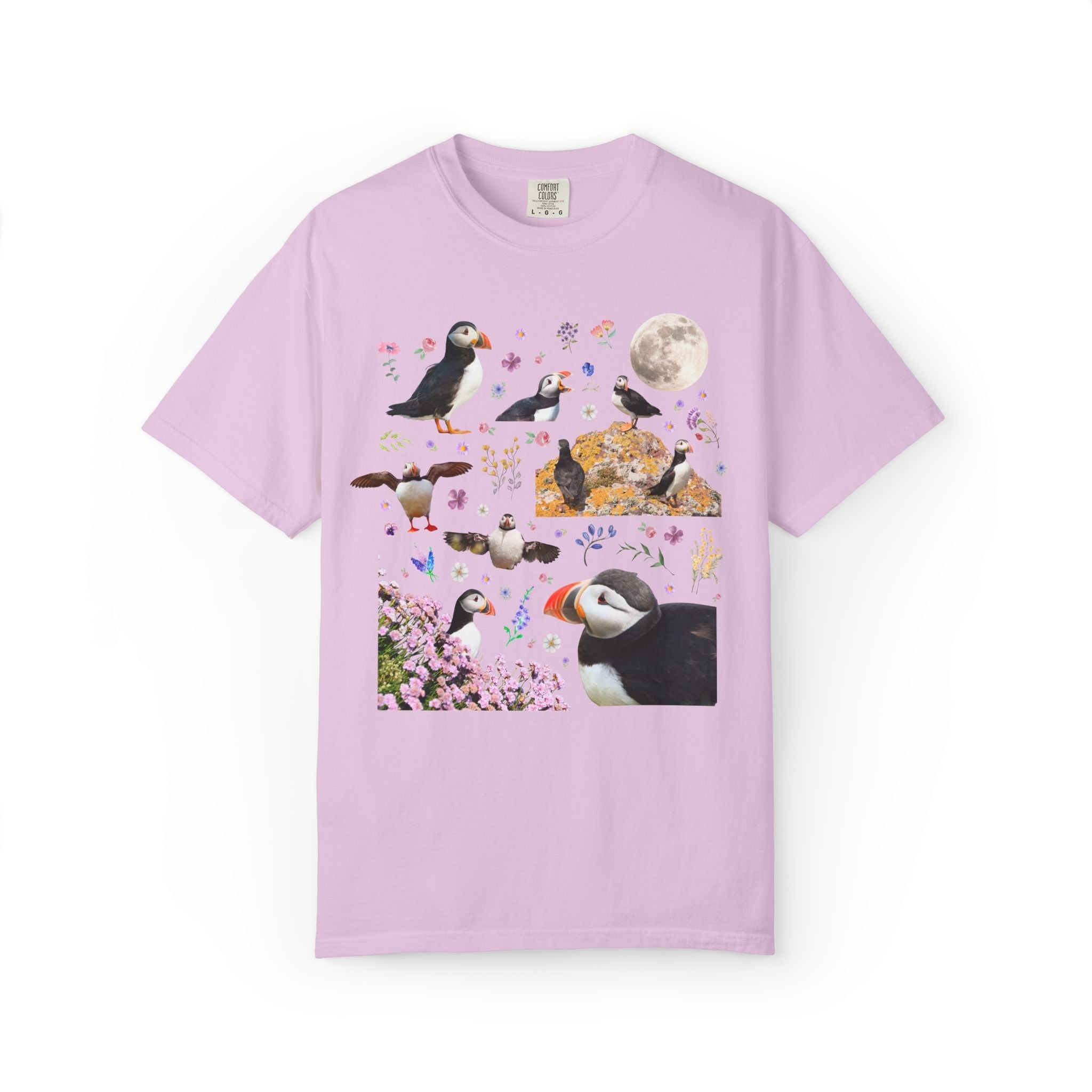 Floral Puffin Animal Lover Tee Shirt with Moon: Cute and Nostalgic Bird Lover or Watcher Tee, Marine Biologist, Conservation Scientist Gift - Opal and June