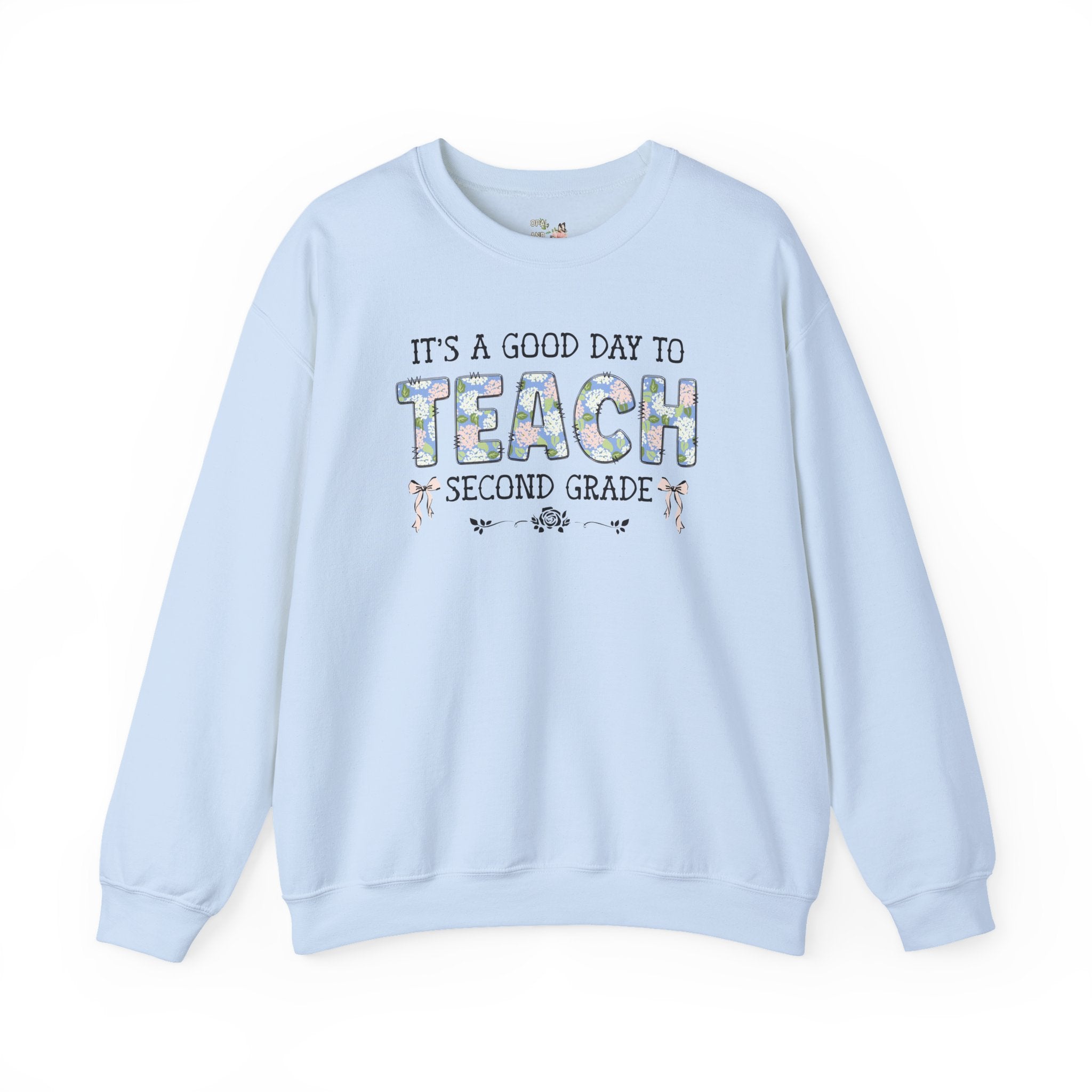 Floral Second Grade Teacher Sweatshirt with Cute Bows, Matching Back to School Crewneck with Flowers, First Day of School Teacher Team Shirt - Opal and June