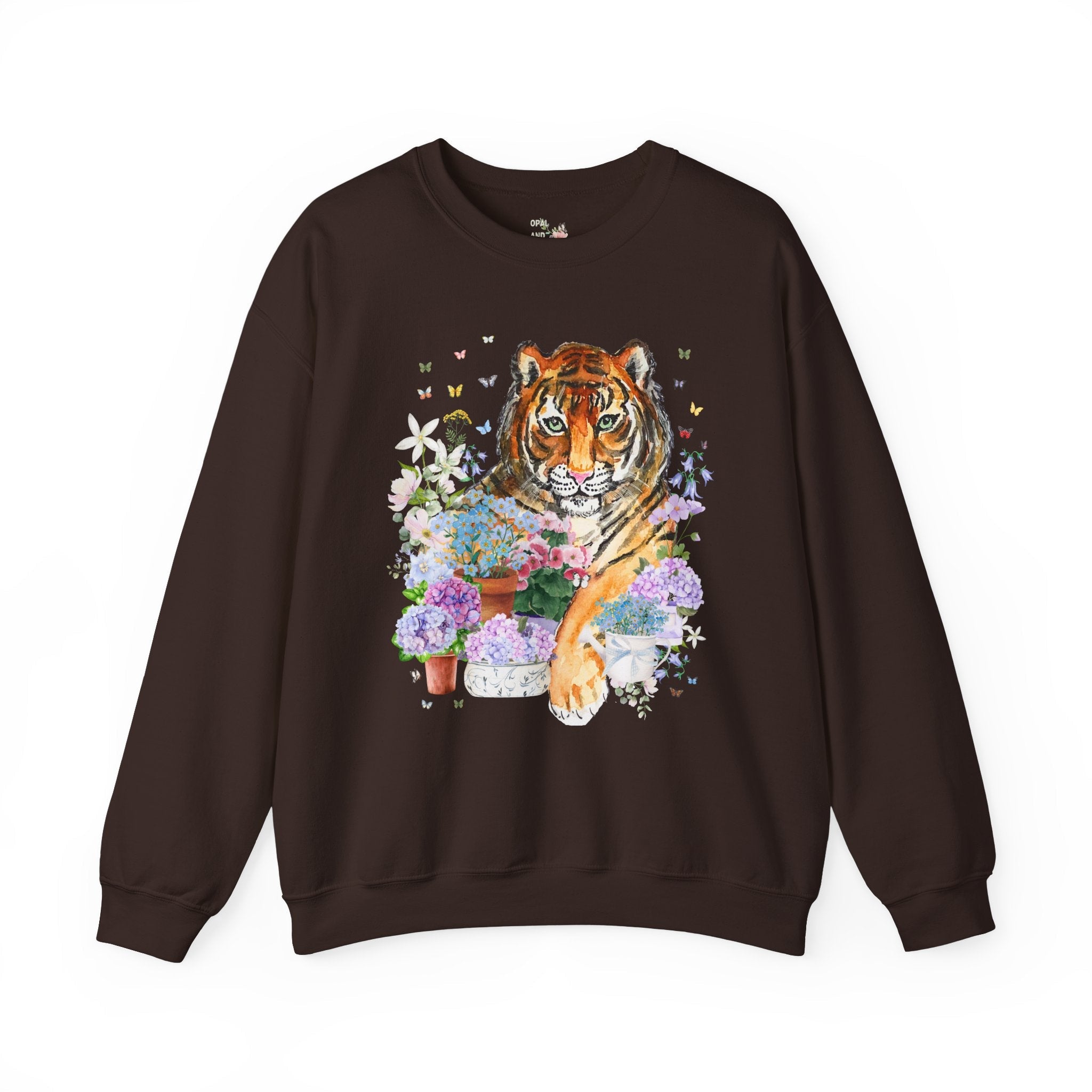 Floral Tiger Lover Sweatshirt with Butterflies, Colorful Maximalist Weirdcore Dreamcore Crewneck for Animal Lover, Cute Gardening Shirt - Opal and June