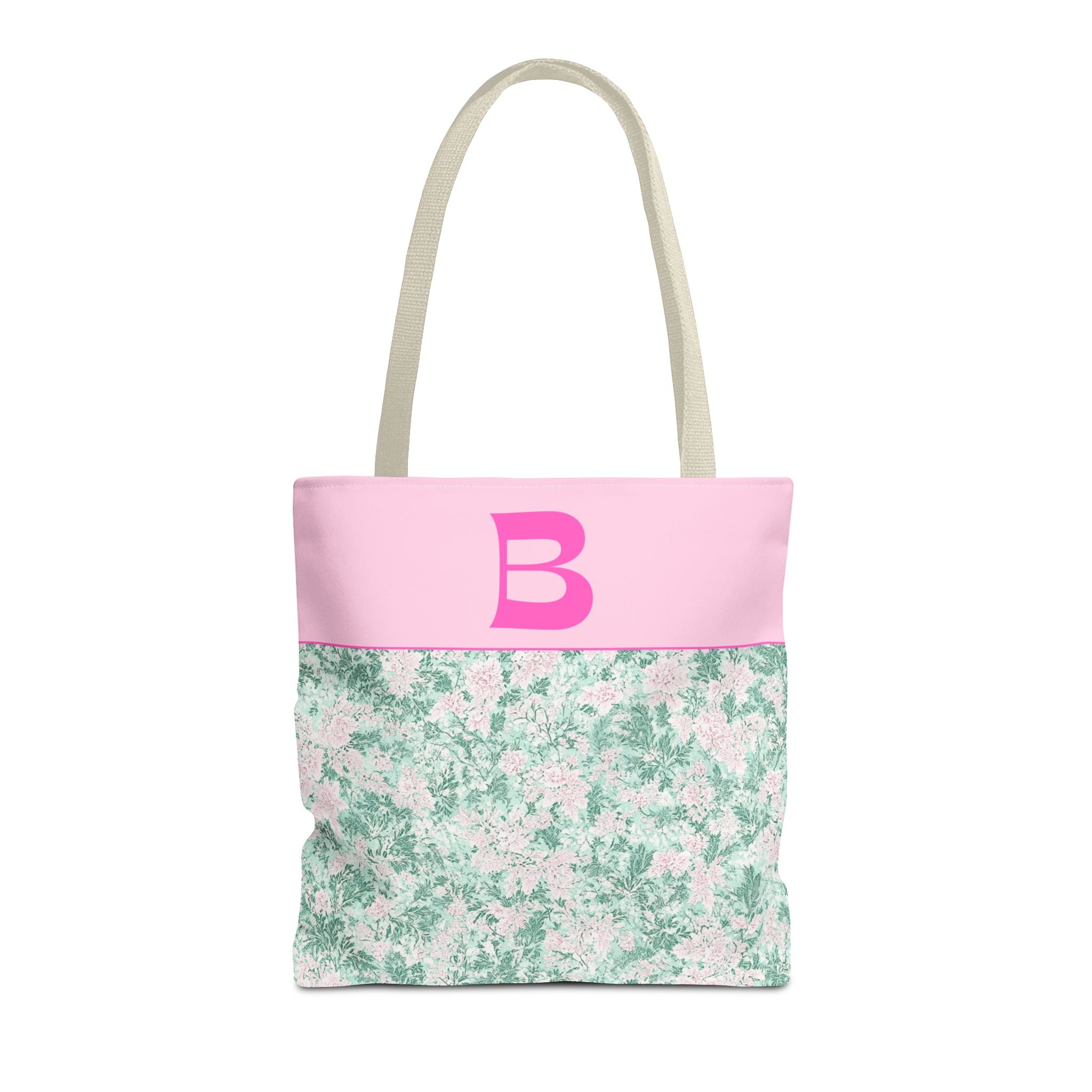 Floral Vintage Aesthetic Tote Bag with Initial for Sister or Bachelorette Party, Cute Mint and Pink Bag for Trip to Beach, Bag for Dance: B - Opal and June