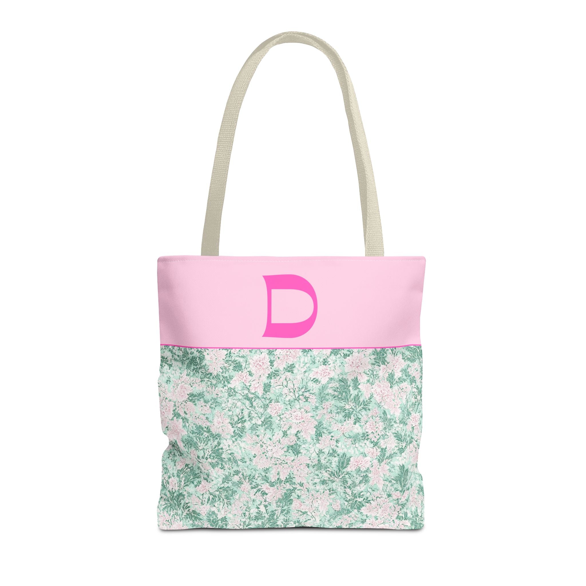 Floral Vintage Aesthetic Tote Bag with Initial for Sister or Bachelorette Party, Cute Mint and Pink Bag for Trip to Beach, Bag for Dance: D - Opal and June