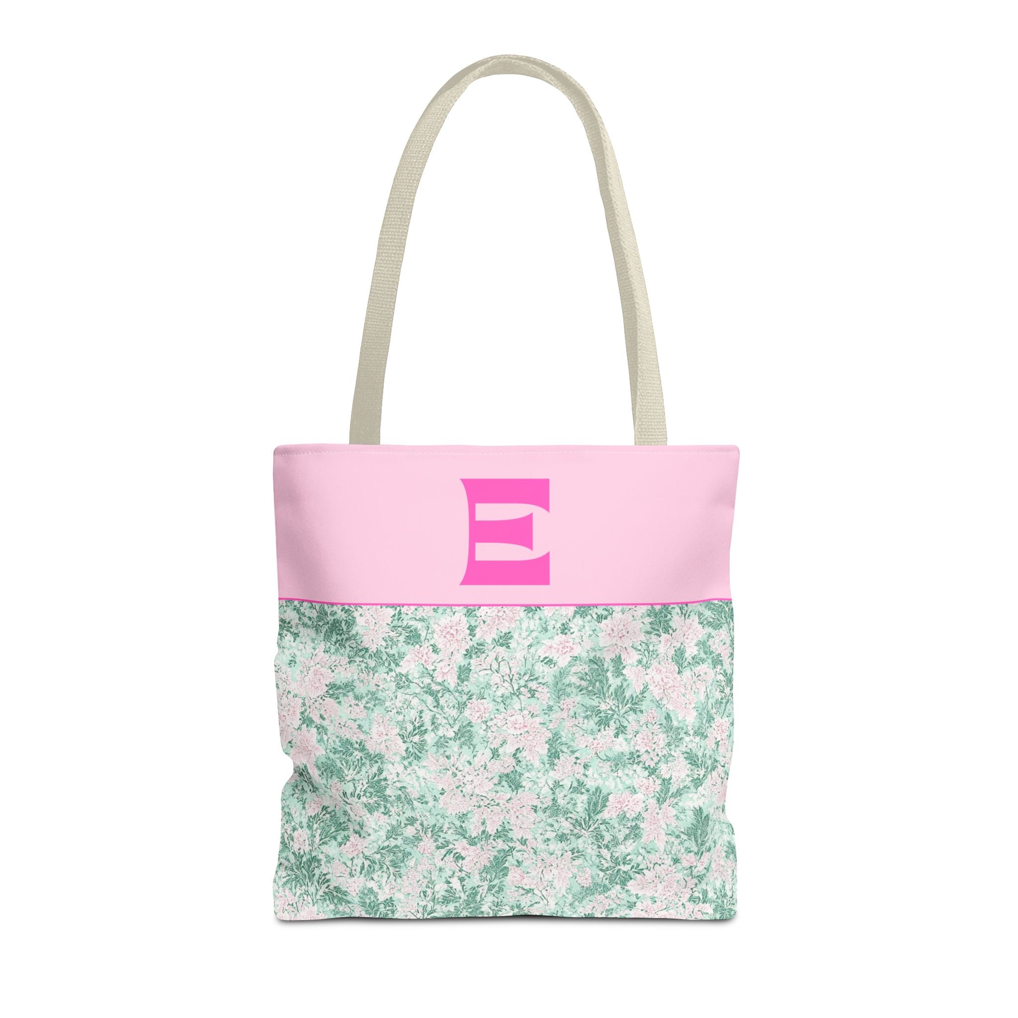 Floral Vintage Aesthetic Tote Bag with Initial for Sister or Bachelorette Party, Cute Mint and Pink Bag for Trip to Beach, Bag for Dance: E - Opal and June