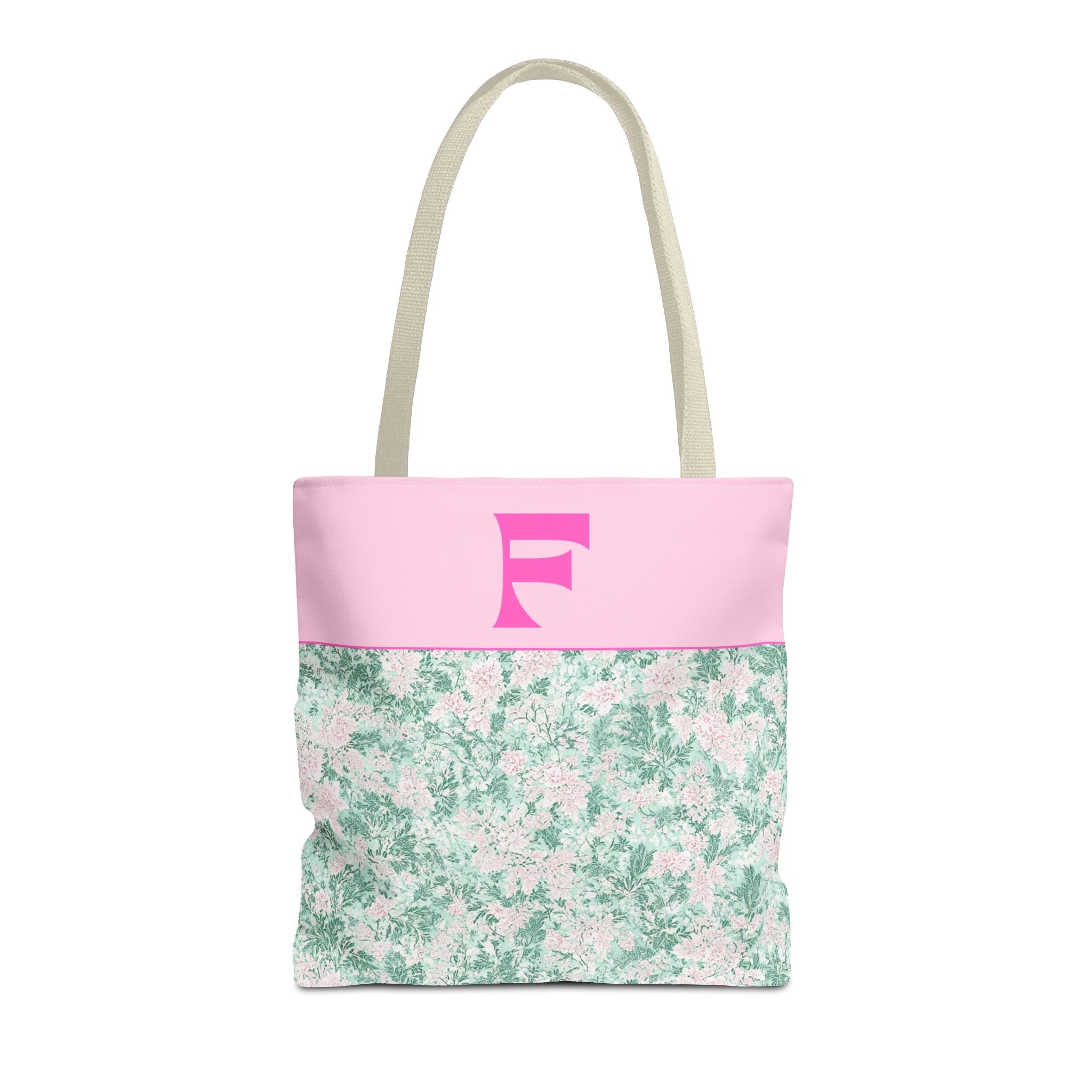 Floral Vintage Aesthetic Tote Bag with Initial for Sister or Bachelorette Party, Cute Mint and Pink Bag for Trip to Beach, Bag for Dance: F - Opal and June