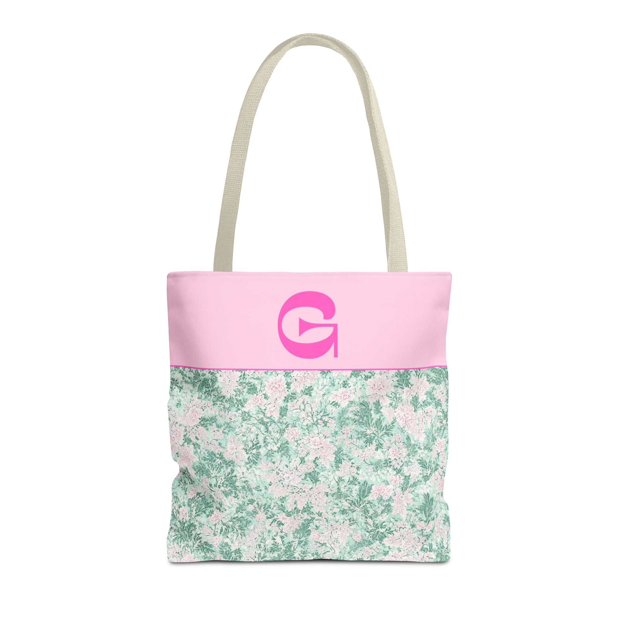 Floral Vintage Aesthetic Tote Bag with Initial for Sister or Bachelorette Party, Cute Mint and Pink Bag for Trip to Beach, Bag for Dance: G - Opal and June