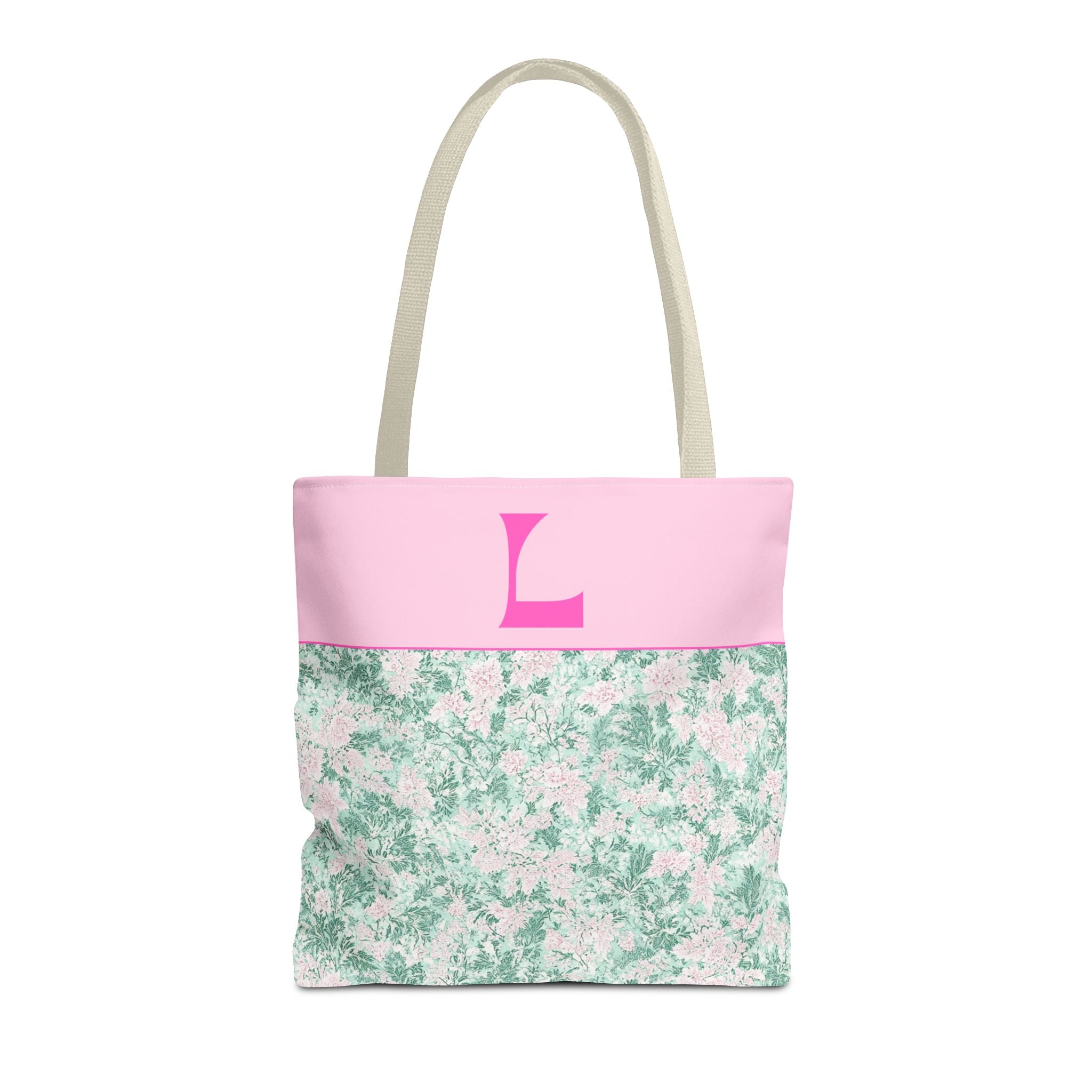 Floral Vintage Aesthetic Tote Bag with Initial for Sister or Bachelorette Party, Cute Mint and Pink Bag for Trip to Beach, Bag for Dance: L - Opal and June
