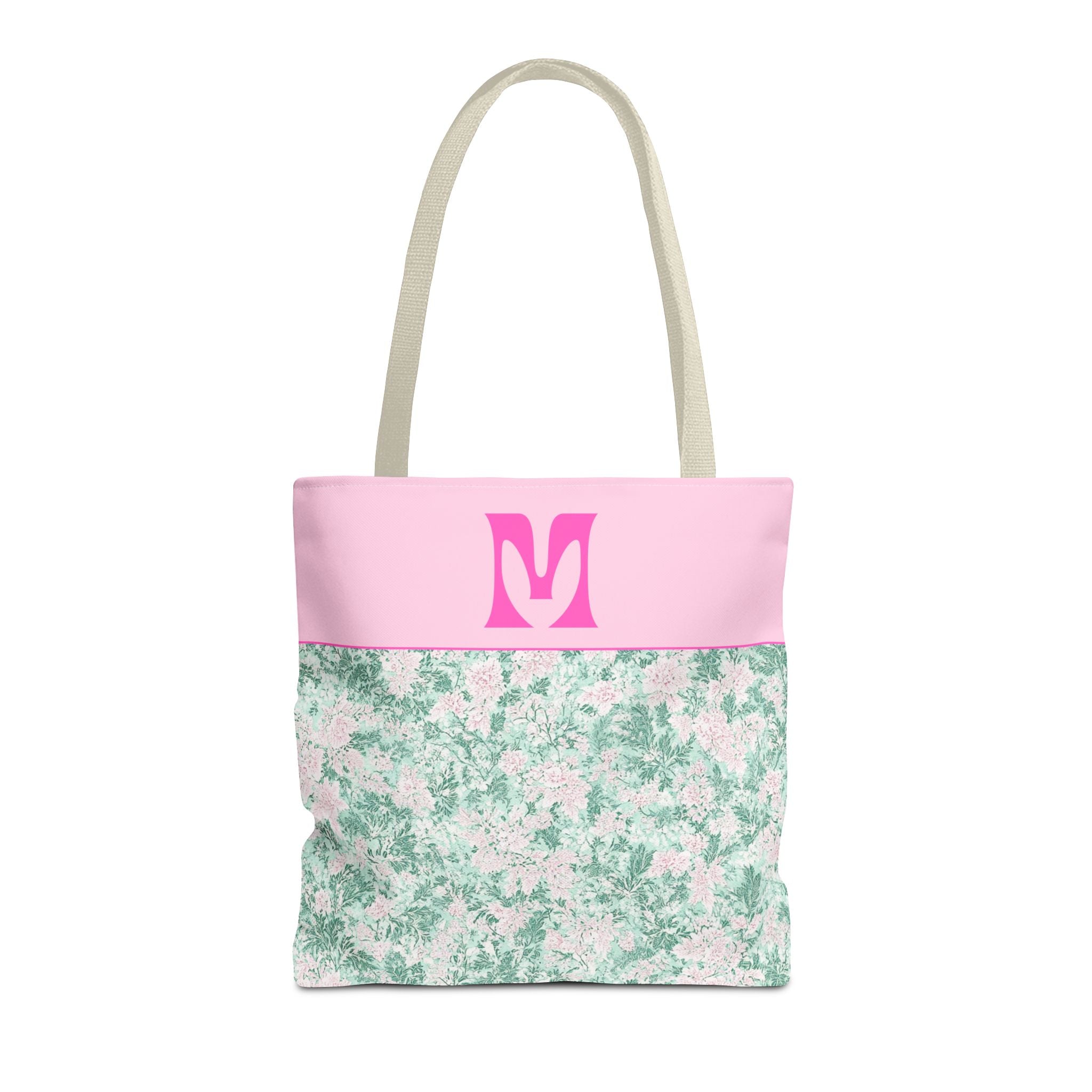 Floral Vintage Aesthetic Tote Bag with Initial for Sister or Bachelorette Party, Cute Mint and Pink Bag for Trip to Beach, Bag for Dance: M - Opal and June