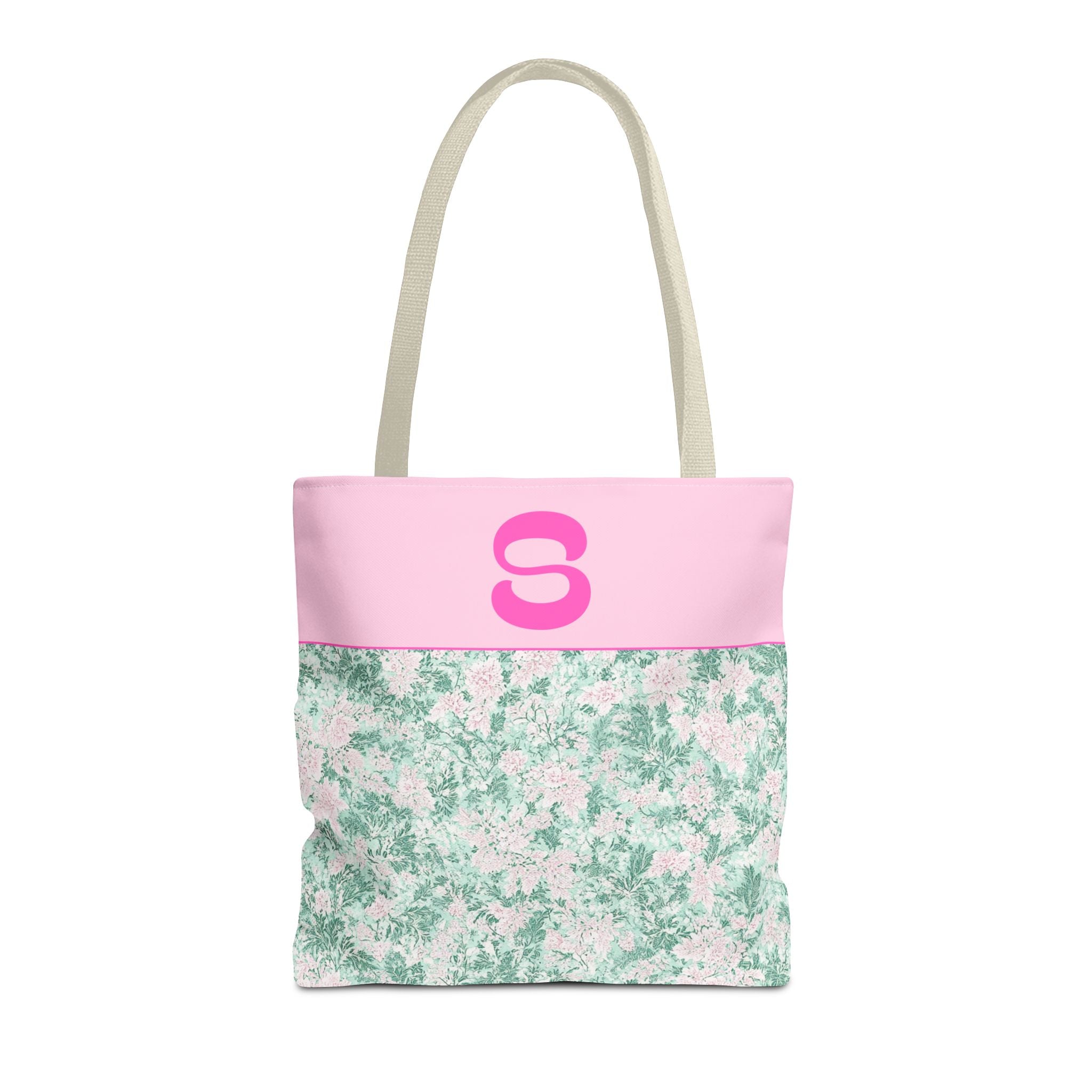 Floral Vintage Aesthetic Tote Bag with Initial for Sister or Bachelorette Party, Cute Mint and Pink Bag for Trip to Beach, Bag for Dance: S - Opal and June