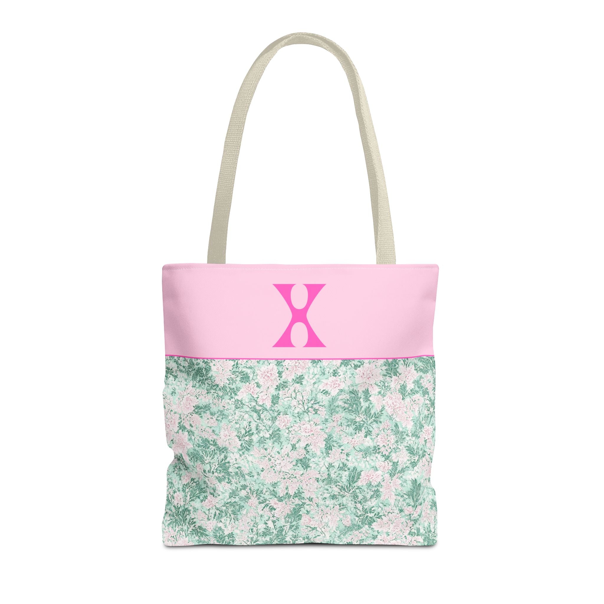 Floral Vintage Aesthetic Tote Bag with Initial for Sister or Bachelorette Party, Cute Mint and Pink Bag for Trip to Beach, Bag for Dance: X - Opal and June