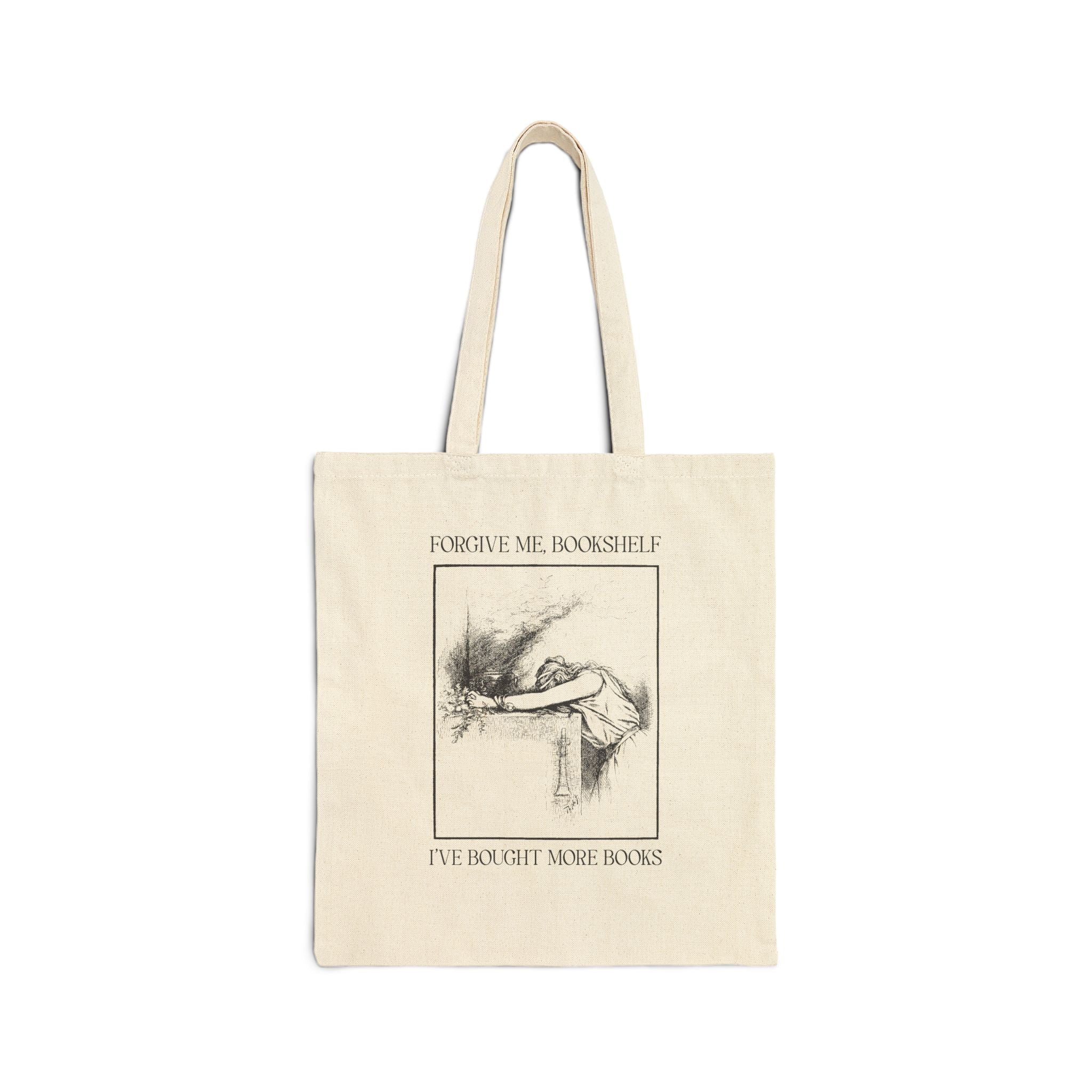 Forgive Me Bookshelf I've Bought More Books Tote Bag: Funny Vintage Aesthetic Book Lover Tote Bag for Romance Reader or Fantasy Bookworm - Opal and June
