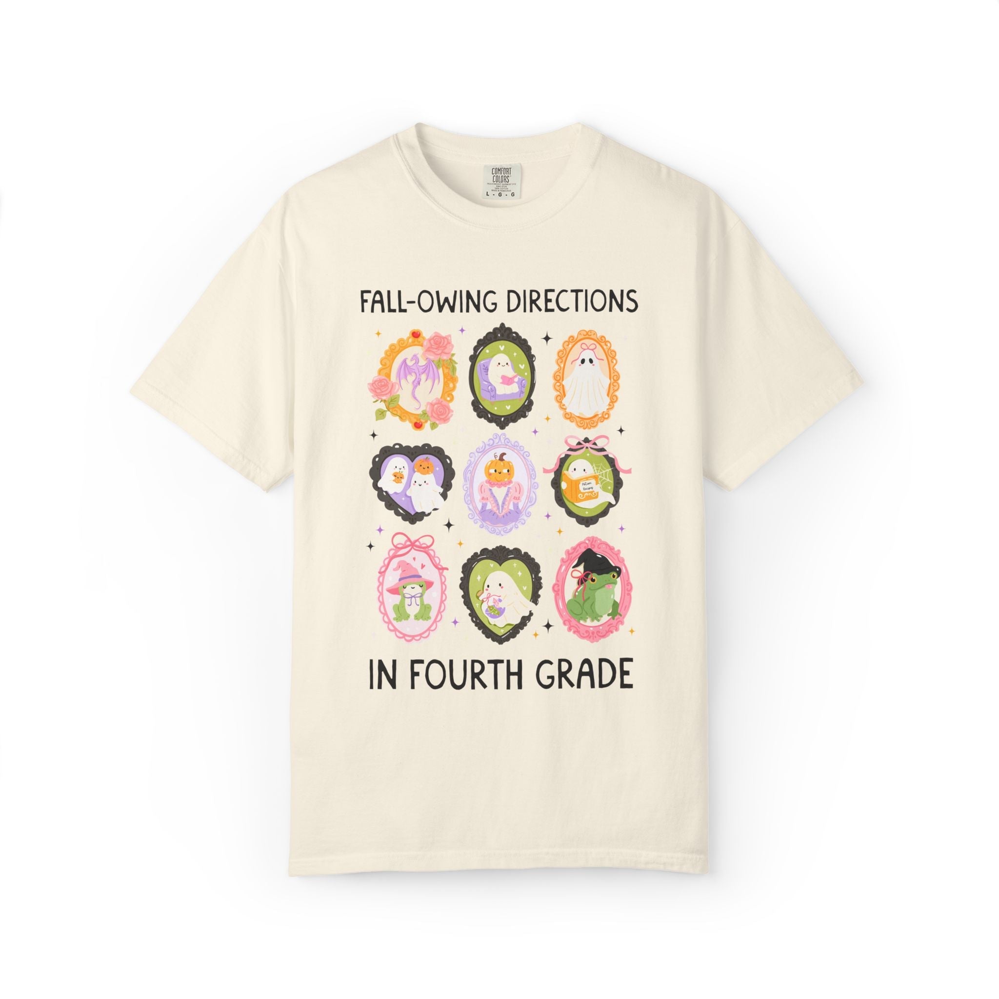 Fourth Grade Halloween Teacher Tee: Fall-Owing Directions Pastel Goth Teacher Team T-Shirt for Fall, Cute Spooky Season Frog Tee with Ghosts - Opal and June