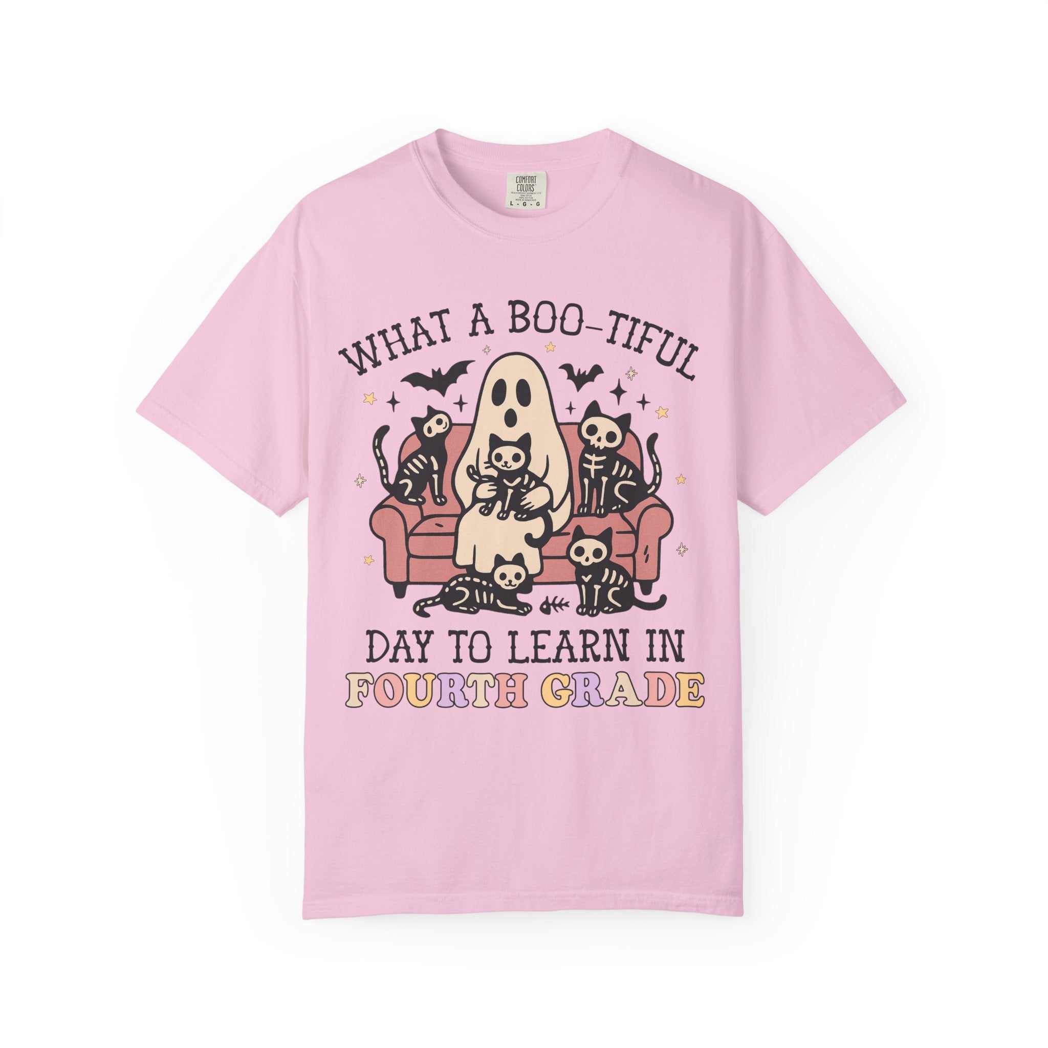 Fourth Grade Halloween Teacher Tee Shirt with Cute Spooky Cats, Matching Teacher T-Shirt for Halloween, Nostalgic Halloween Funny Saying Tee - Opal and June