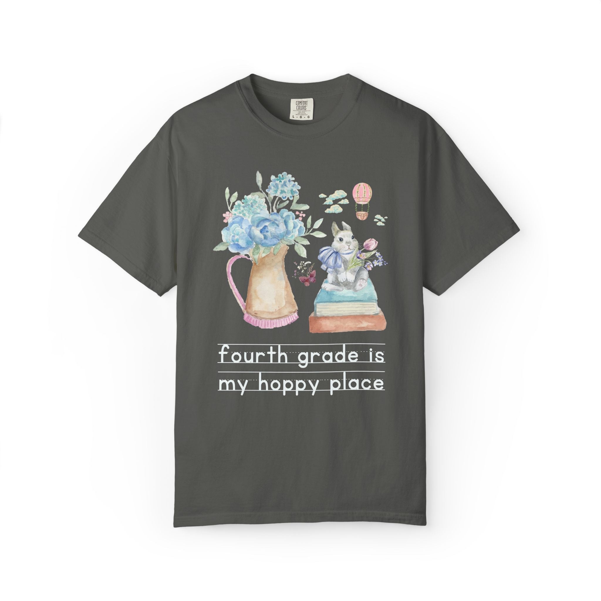 Fourth Grade Spring Matching Teacher T-Shirt with Cottagecore Flowers and a Bow: My Hoppy Place, Sweet Goblincore Soft Girl Style Butterfly Lover Tee - Opal and June