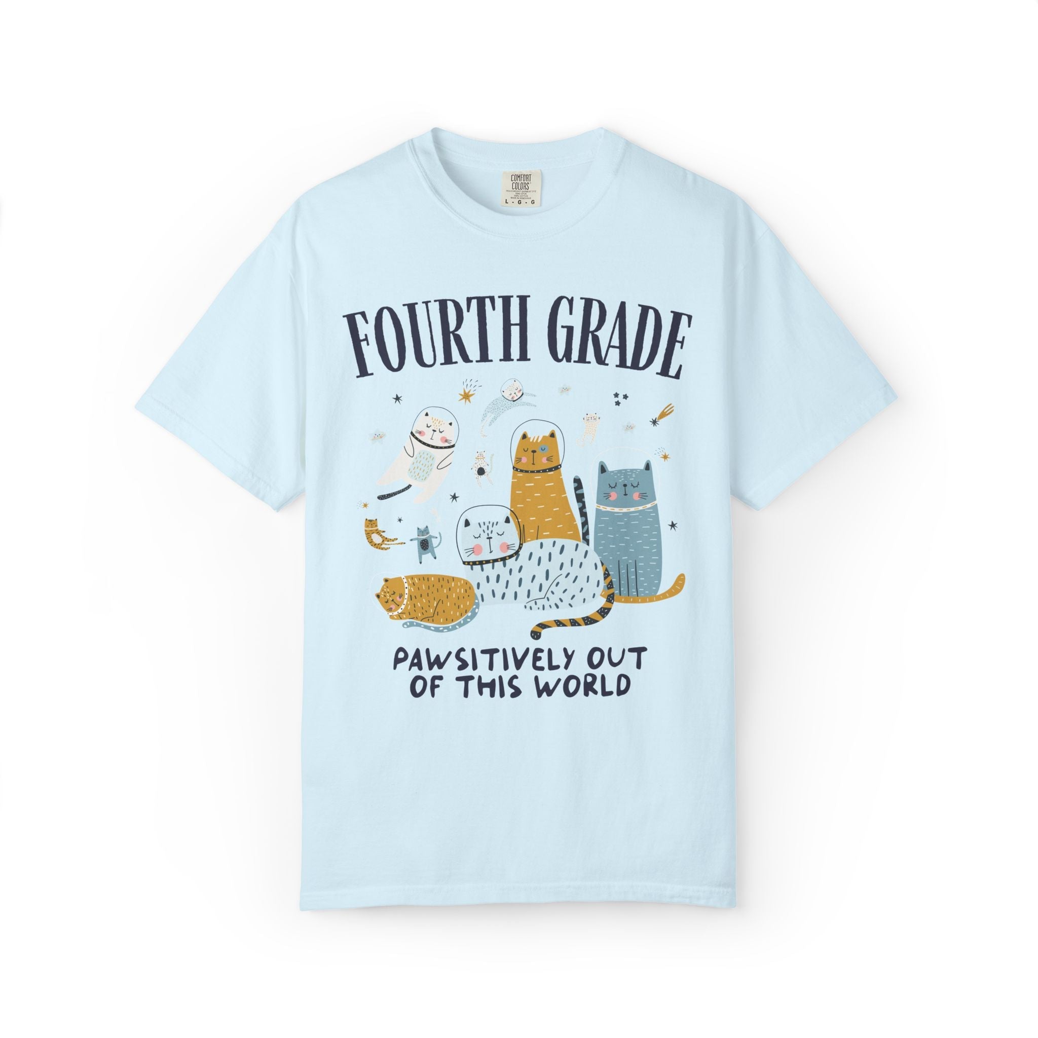 Fourth Grade Teacher Space Cat Tee Shirt with Astronaut Kittens and Stars: Pawsitively Out of This World Teacher Team T-Shirt for Cat Lover - Opal and June