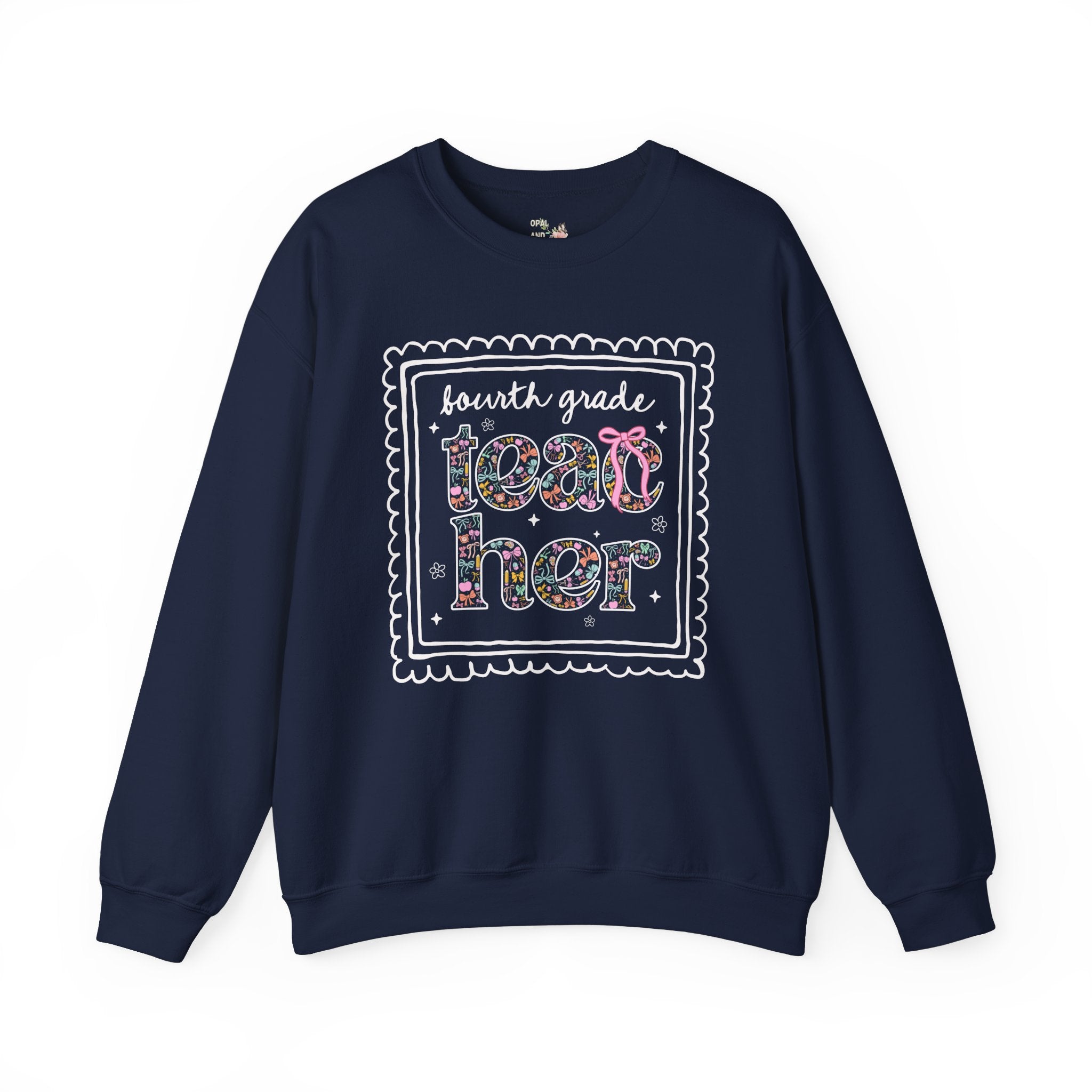 Fourth Grade Teacher Sweatshirt for Back to School, Cute Floral Matching Fourth Grade Crew Shirt with Bow, Cute Nineties Aesthetic Doodles - Opal and June