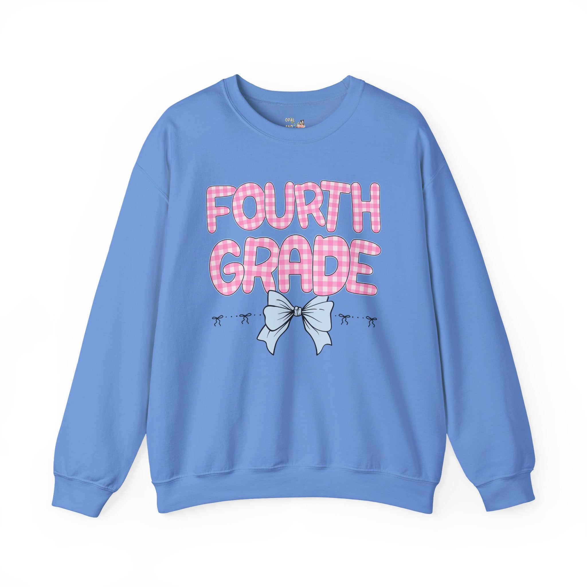 Fourth Grade Teacher Sweatshirt, Pink Gingham Letters, First Day of School, Back to School Matching Teacher Shirt with Bow, Soft Girl Style - Opal and June