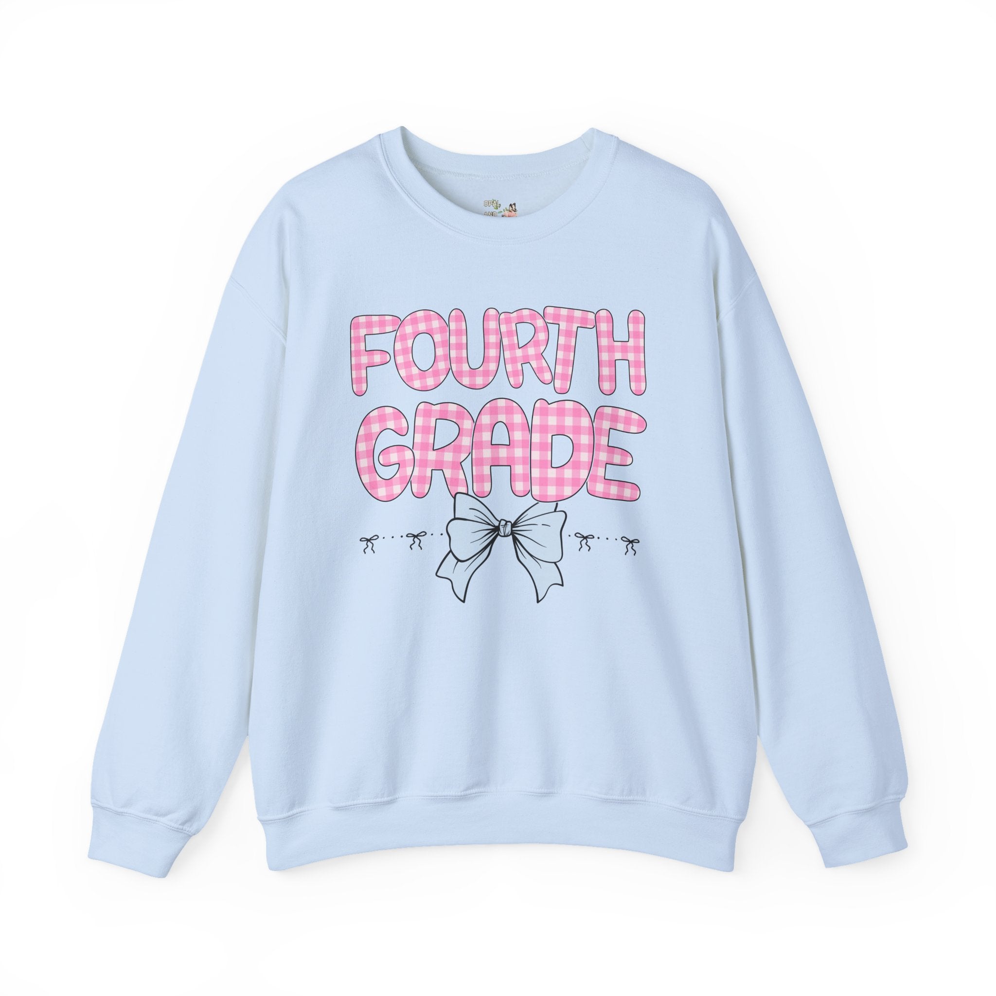 Fourth Grade Teacher Sweatshirt, Pink Gingham Letters, First Day of School, Back to School Matching Teacher Shirt with Bow, Soft Girl Style - Opal and June