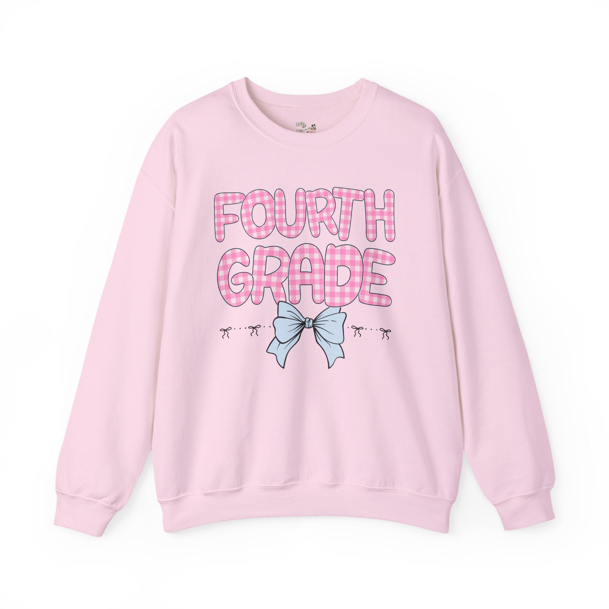 Fourth Grade Teacher Sweatshirt, Pink Gingham Letters, First Day of School, Back to School Matching Teacher Shirt with Bow, Soft Girl Style - Opal and June