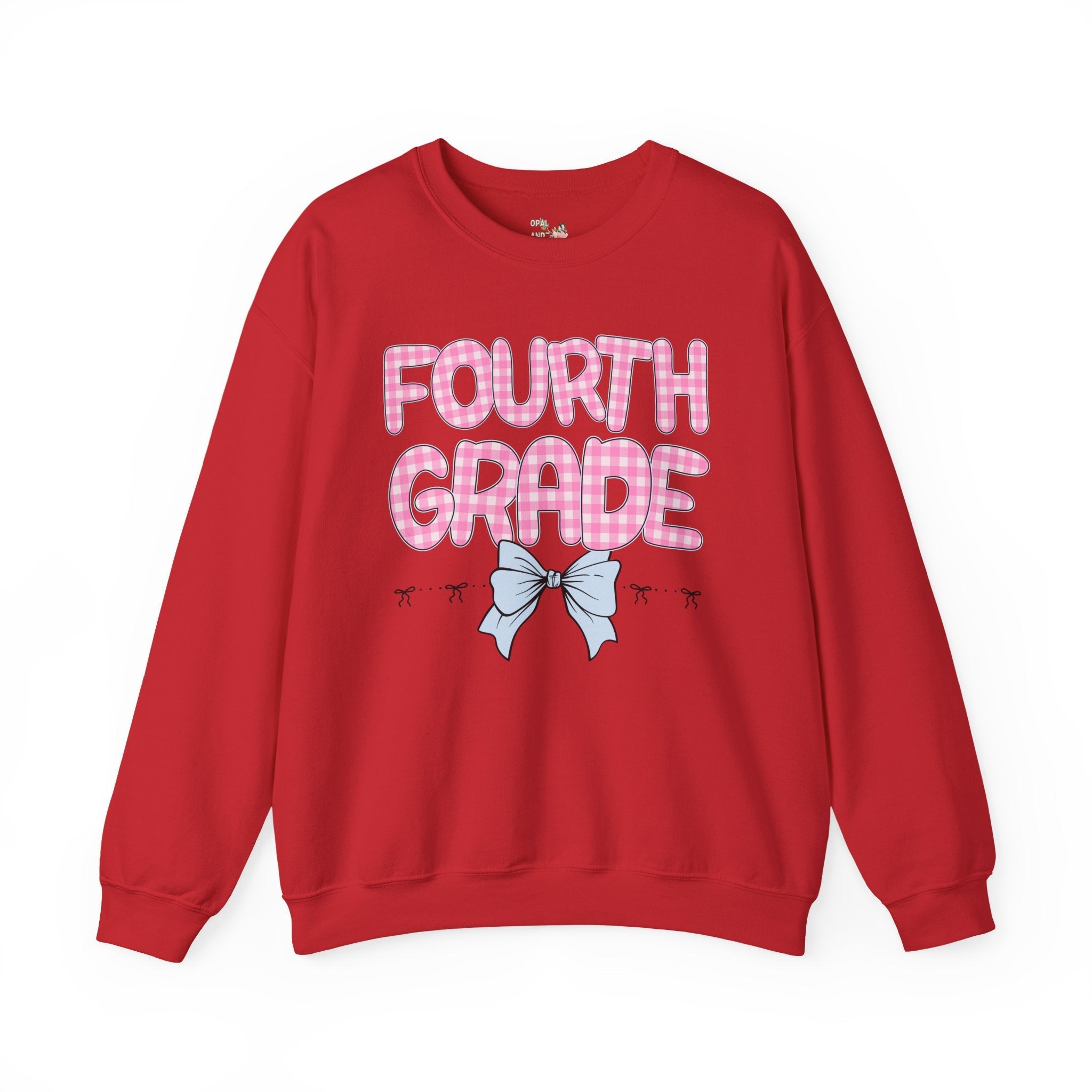 Fourth Grade Teacher Sweatshirt, Pink Gingham Letters, First Day of School, Back to School Matching Teacher Shirt with Bow, Soft Girl Style - Opal and June