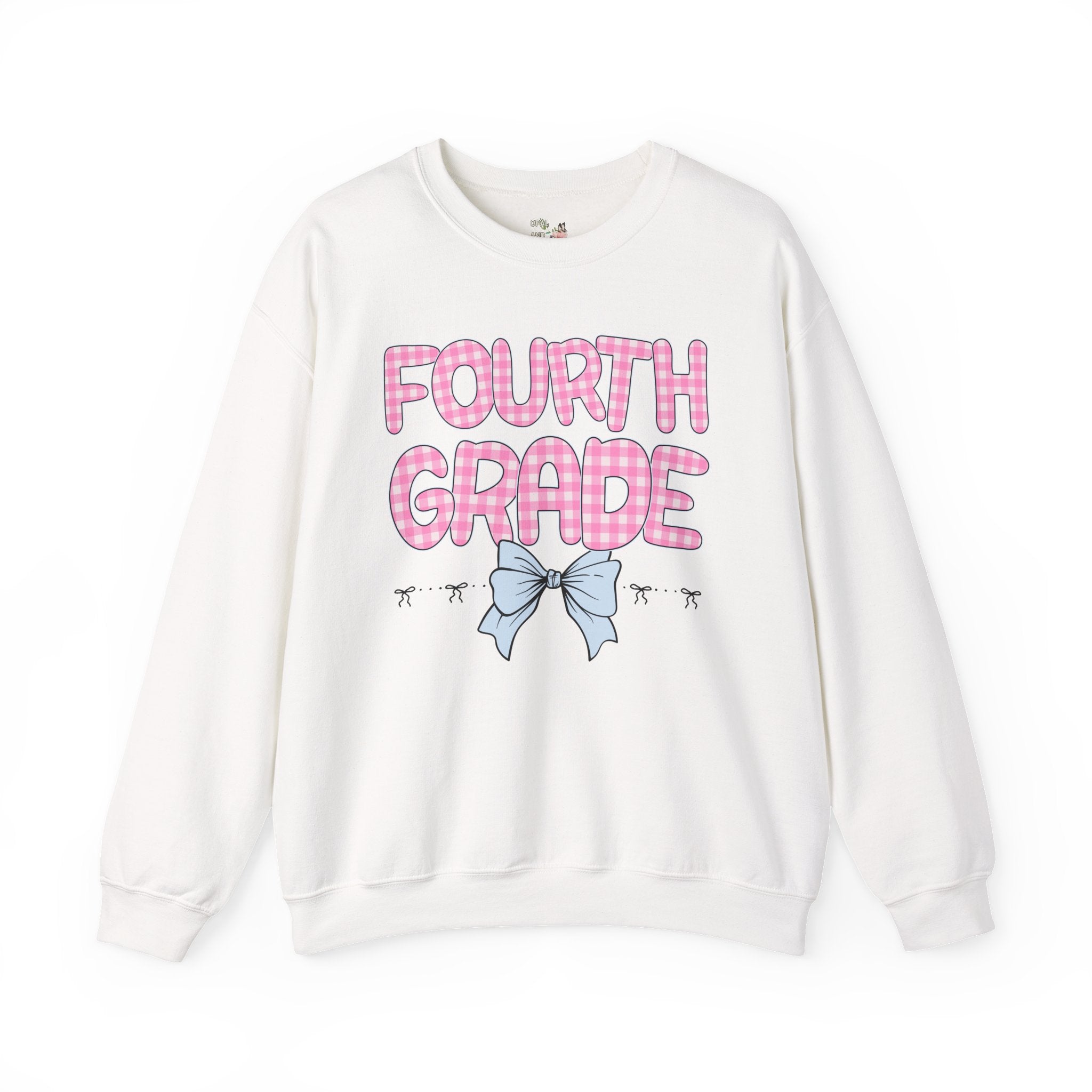 Fourth Grade Teacher Sweatshirt, Pink Gingham Letters, First Day of School, Back to School Matching Teacher Shirt with Bow, Soft Girl Style - Opal and June