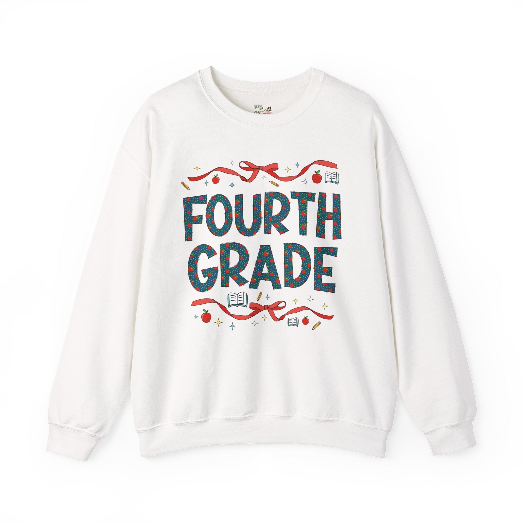 Fourth Grade Teacher Sweatshirt with Cute Bows and Retro Apples, Teacher Team Crewneck for Back to School, First Day of School Matching Tee - Opal and June