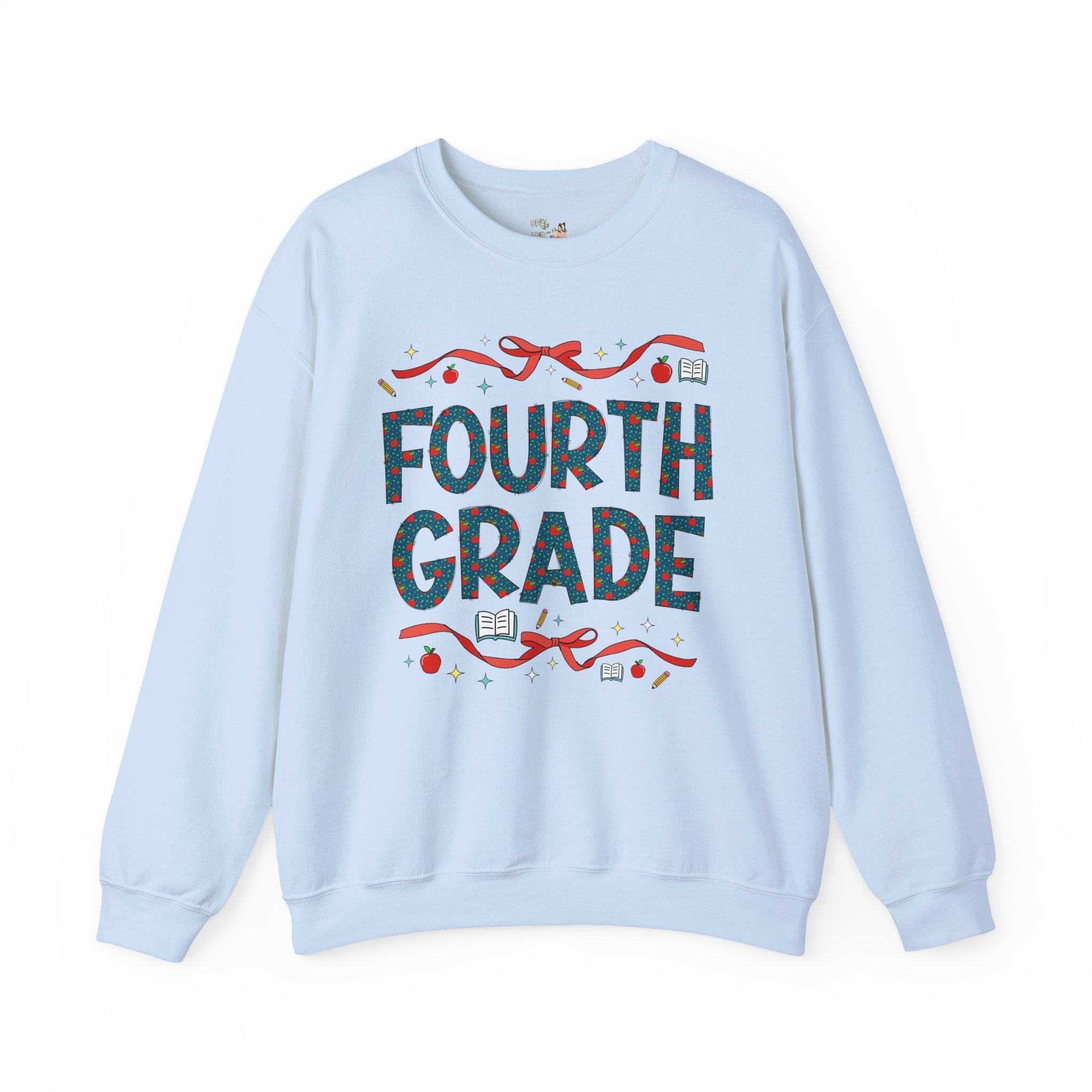 Fourth Grade Teacher Sweatshirt with Cute Bows and Retro Apples, Teacher Team Crewneck for Back to School, First Day of School Matching Tee - Opal and June