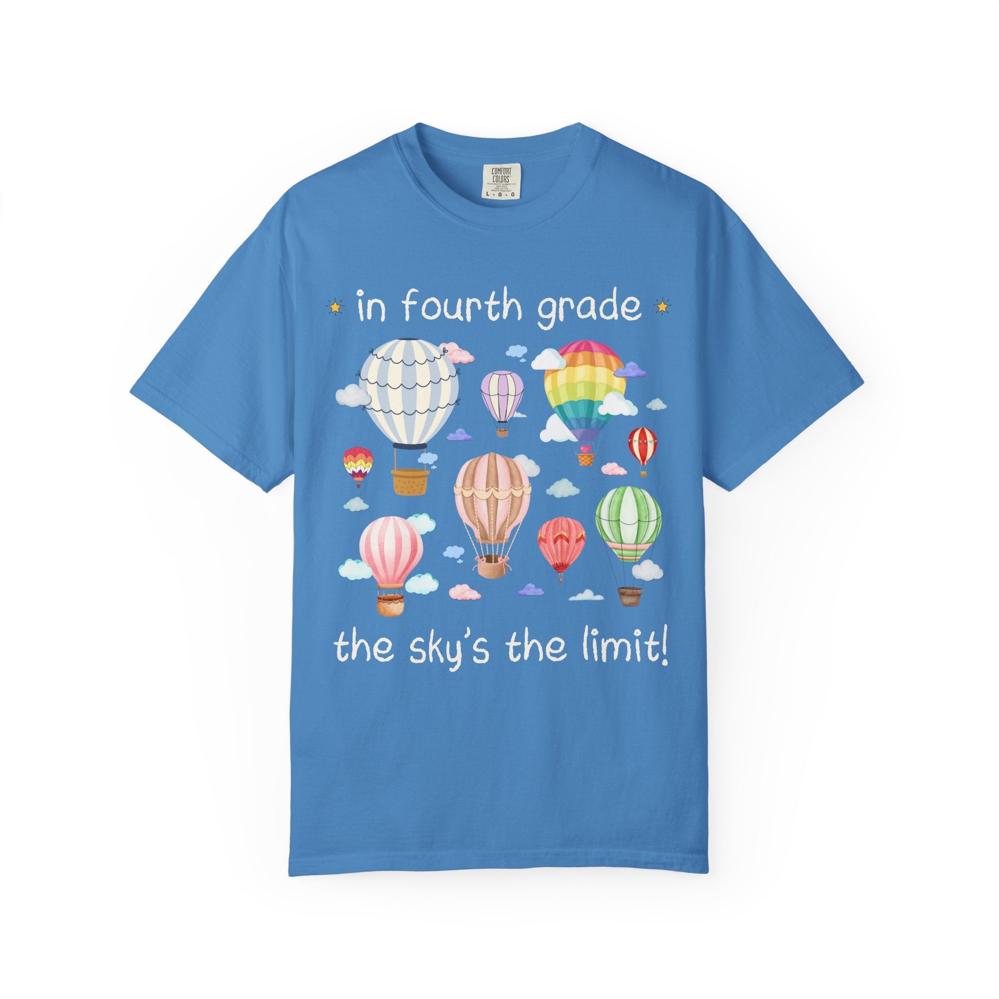 Fourth Grade Teacher T-Shirt with Cute Retro Hot Air Balloons, Uplifting Colorful Maximalist Back to School Matching Teacher Tee with Clouds - Opal and June