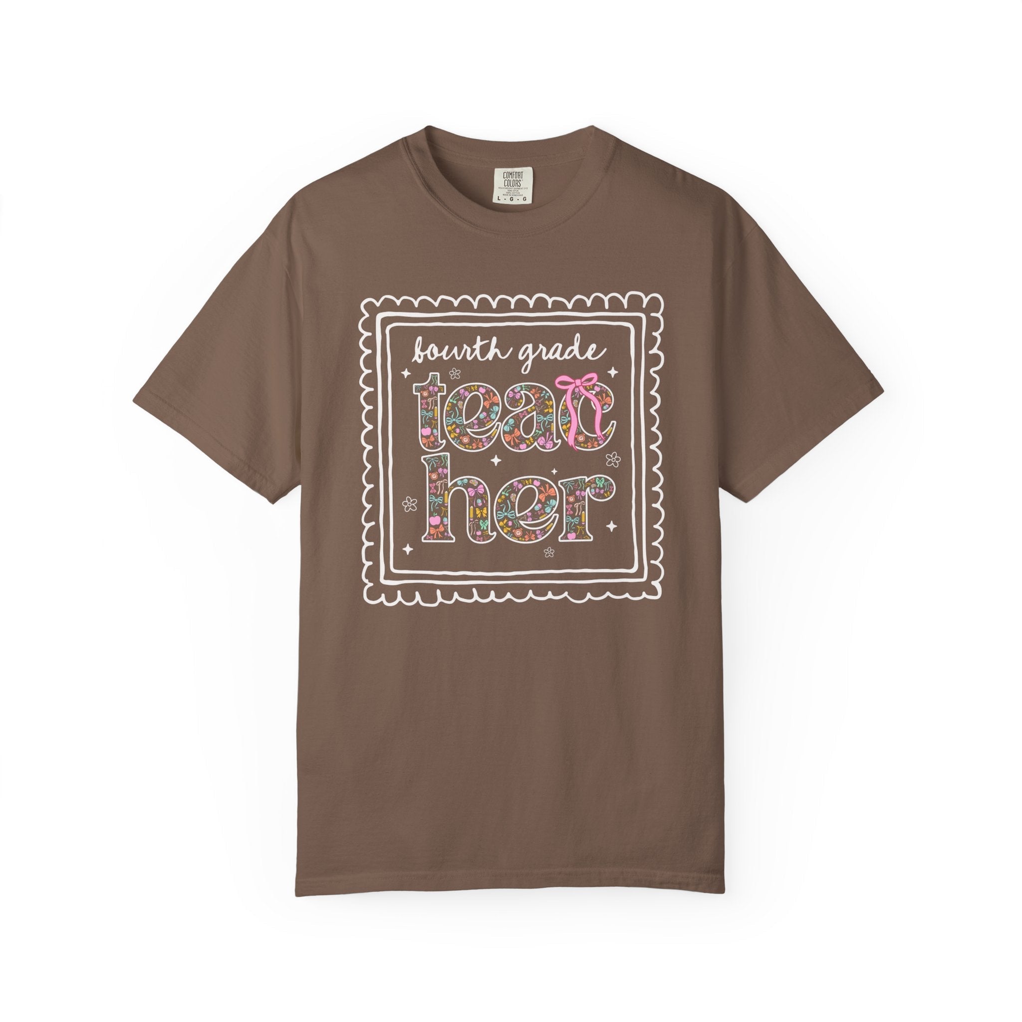 Fourth Grade Teacher Tee Shirt for Back to School, Cute Floral Matching Fourth Grade Crew T-Shirt with Bow, Cute Nineties Aesthetic Doodles - Opal and June