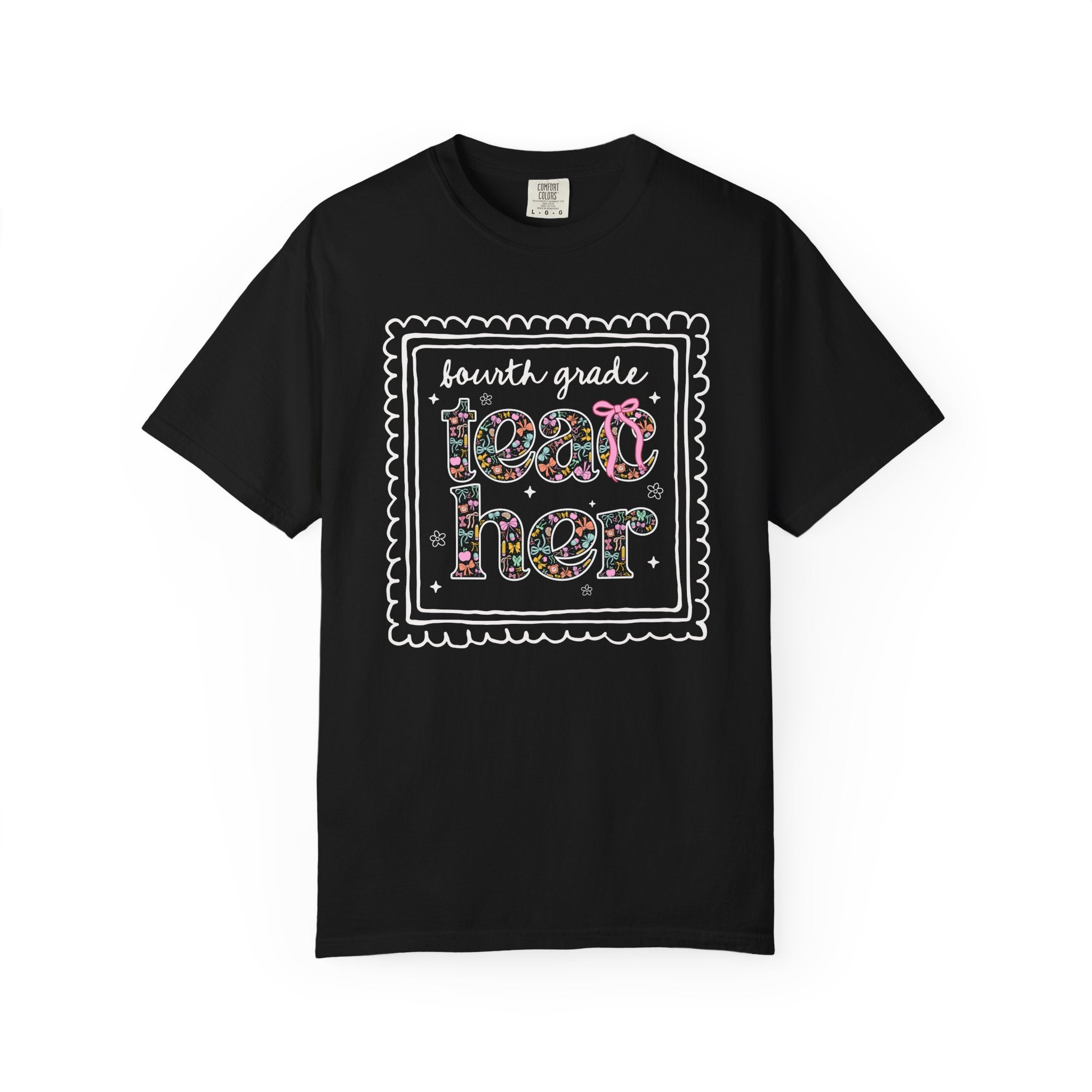 Fourth Grade Teacher Tee Shirt for Back to School, Cute Floral Matching Fourth Grade Crew T-Shirt with Bow, Cute Nineties Aesthetic Doodles - Opal and June