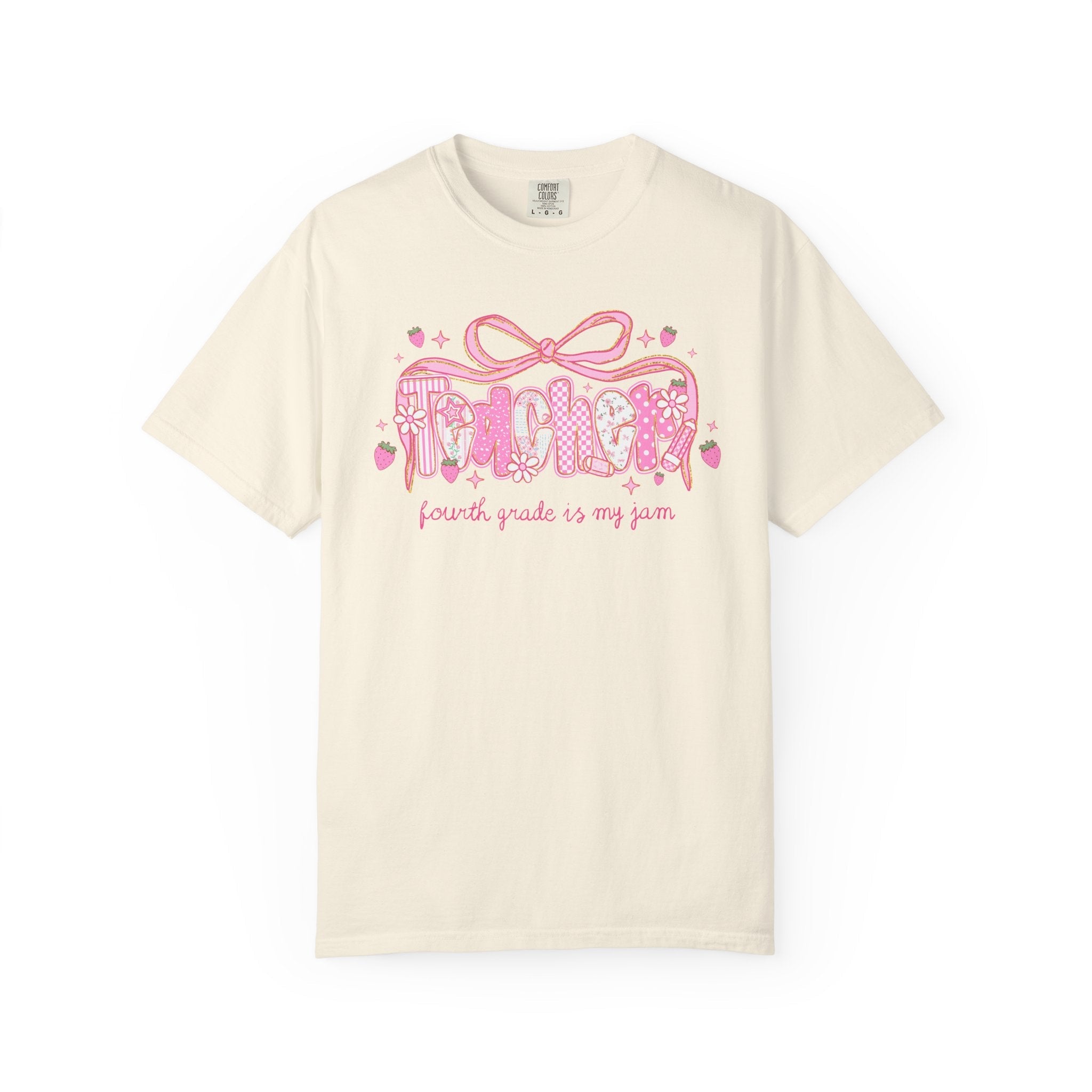 Fourth Grade Teacher Tee Shirt for Fourth Grade Squad or Crew, Floral Boho Strawberry T-Shirt with Messy Coquette Bow, Fruit Lover Teacher - Opal and June