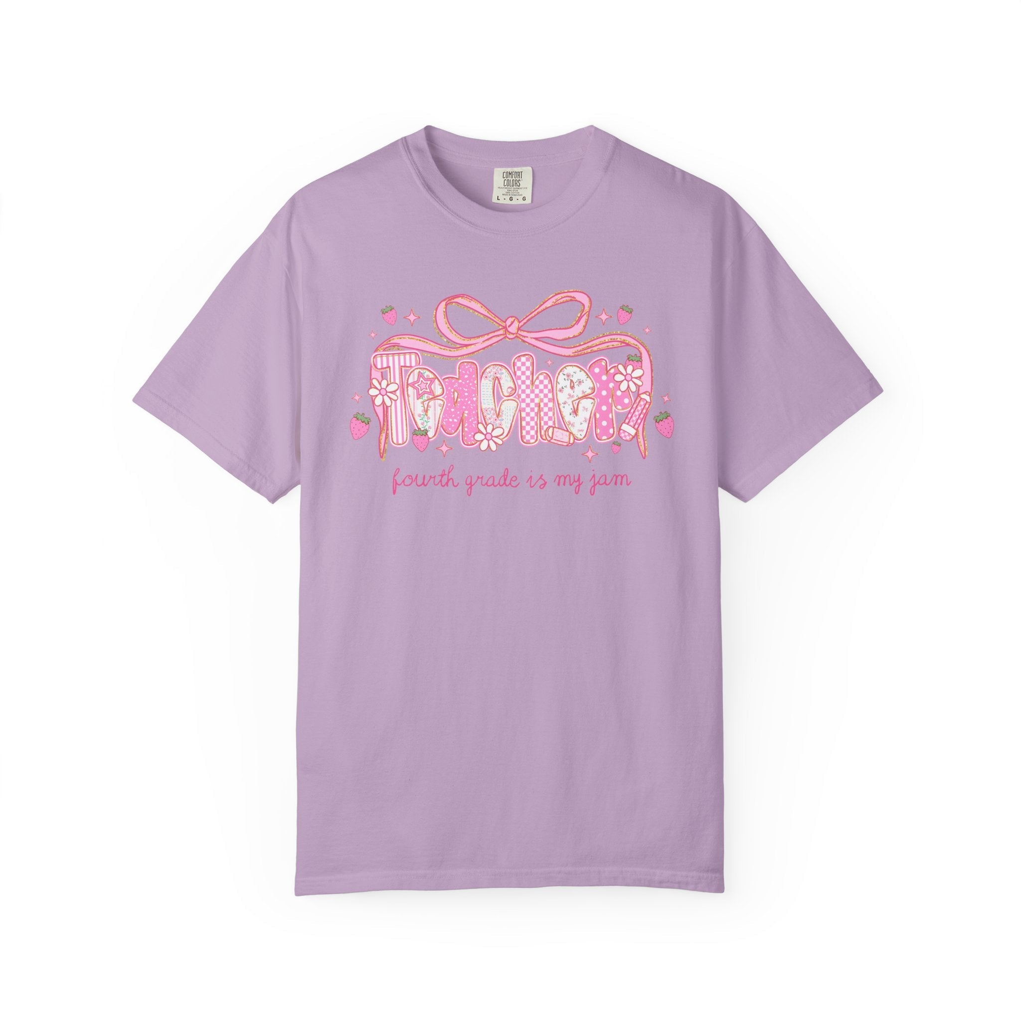 Fourth Grade Teacher Tee Shirt for Fourth Grade Squad or Crew, Floral Boho Strawberry T-Shirt with Messy Coquette Bow, Fruit Lover Teacher - Opal and June