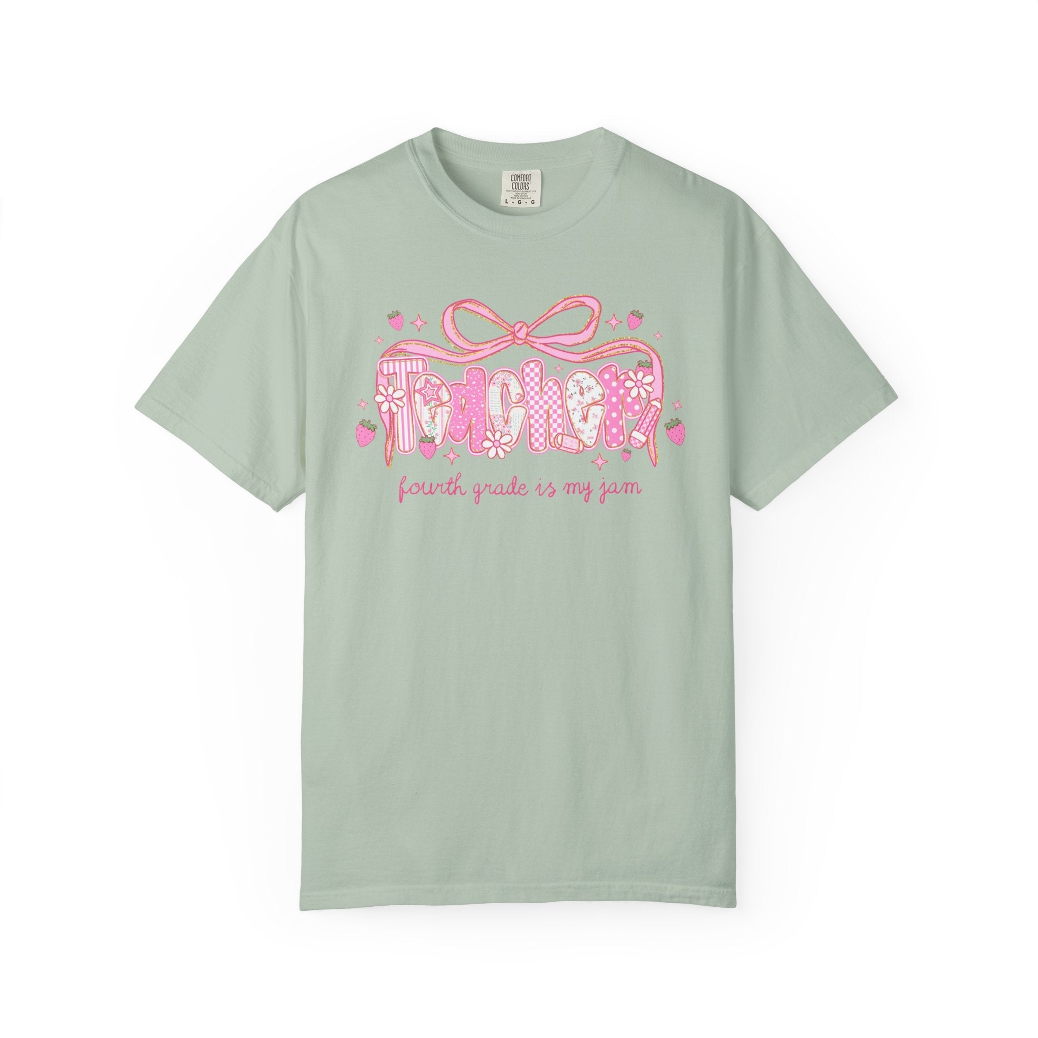 Fourth Grade Teacher Tee Shirt for Fourth Grade Squad or Crew, Floral Boho Strawberry T-Shirt with Messy Coquette Bow, Fruit Lover Teacher - Opal and June