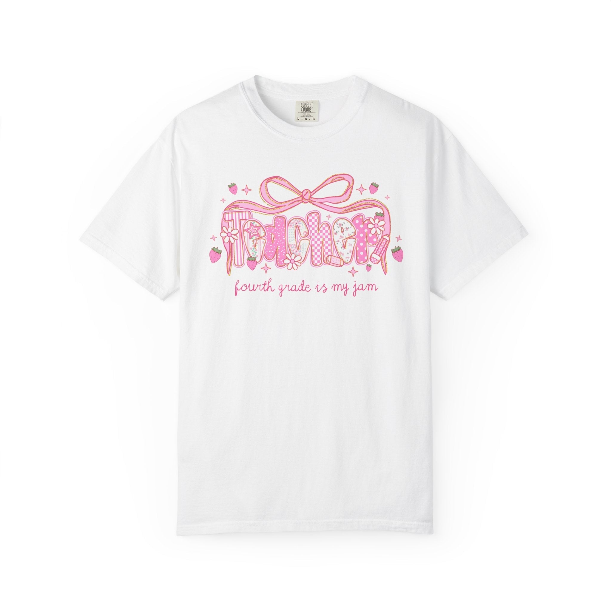 Fourth Grade Teacher Tee Shirt for Fourth Grade Squad or Crew, Floral Boho Strawberry T-Shirt with Messy Coquette Bow, Fruit Lover Teacher - Opal and June