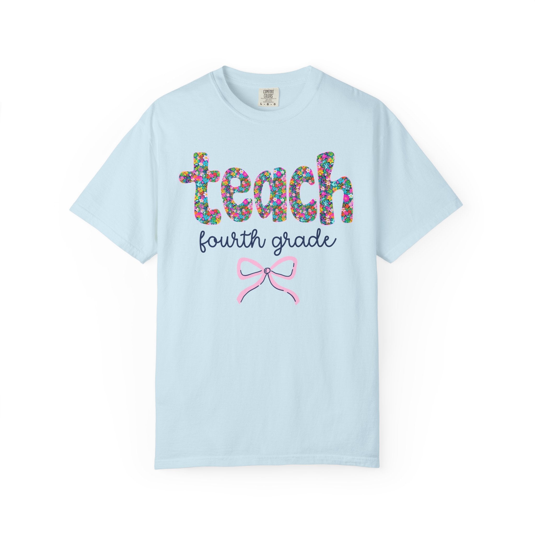 Fourth Grade Teacher Tee Shirt with Colorful Flowers and Bow, Teacher Team Tee for Back to School, New Teacher Gift, Teacher Appreciation - Opal and June