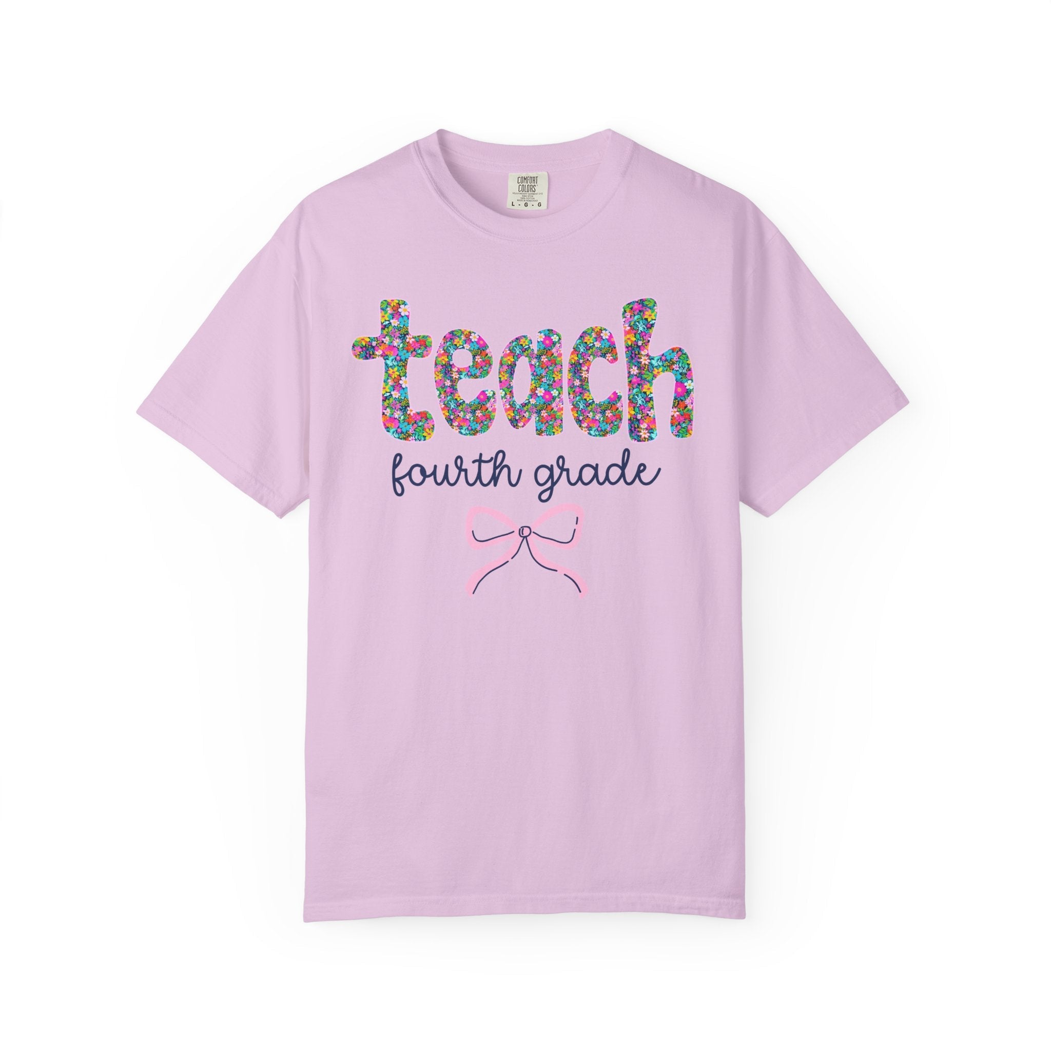Fourth Grade Teacher Tee Shirt with Colorful Flowers and Bow, Teacher Team Tee for Back to School, New Teacher Gift, Teacher Appreciation - Opal and June