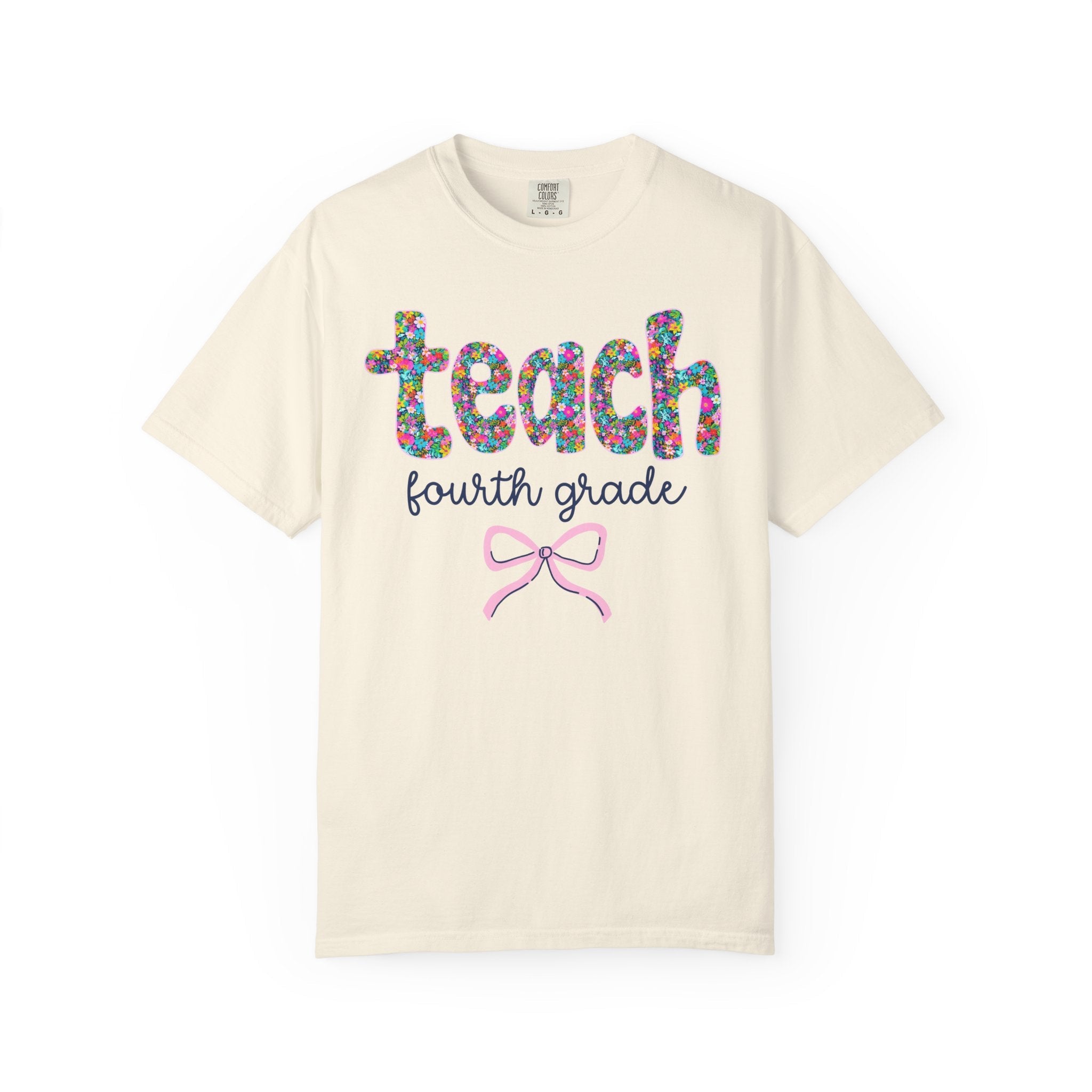 Fourth Grade Teacher Tee Shirt with Colorful Flowers and Bow, Teacher Team Tee for Back to School, New Teacher Gift, Teacher Appreciation - Opal and June
