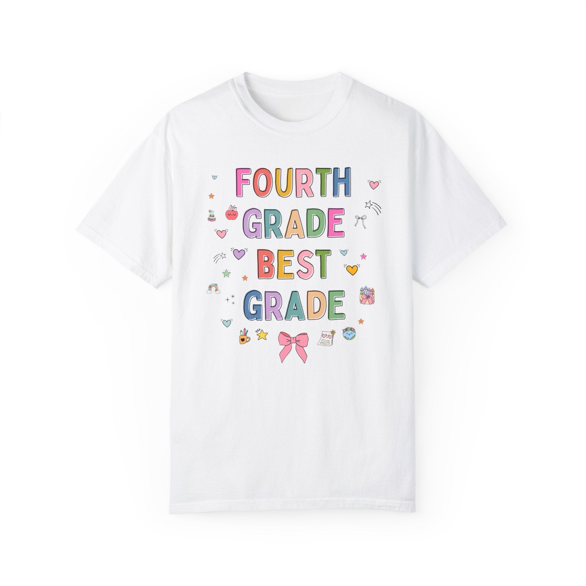 Fourth Grade Teacher Tee Shirt with Cute 90s Aesthetic Doodles, Colorful Matching Teacher T-Shirt for Fourth Grade Crew, New Teacher Present - Opal and June