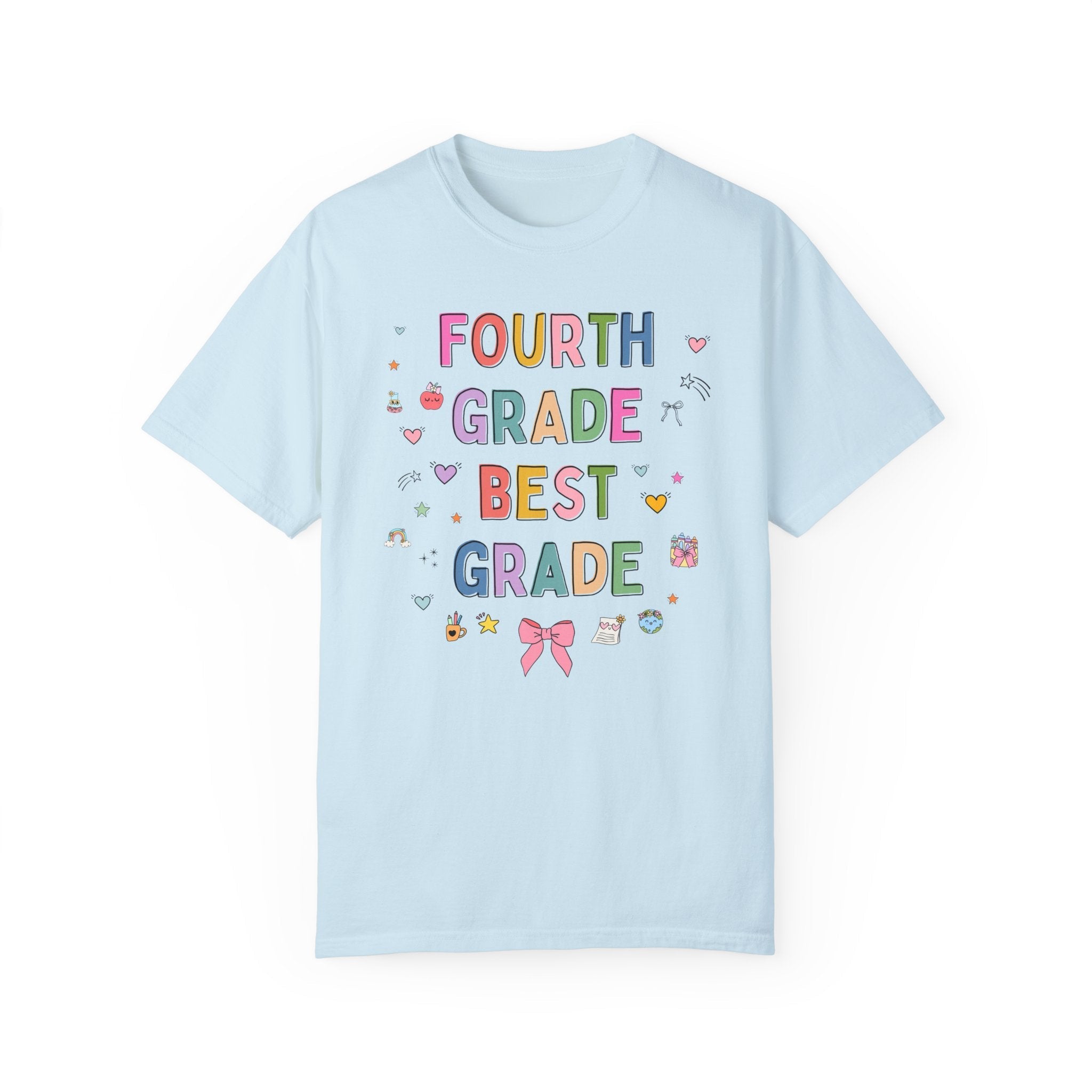 Fourth Grade Teacher Tee Shirt with Cute 90s Aesthetic Doodles, Colorful Matching Teacher T-Shirt for Fourth Grade Crew, New Teacher Present - Opal and June