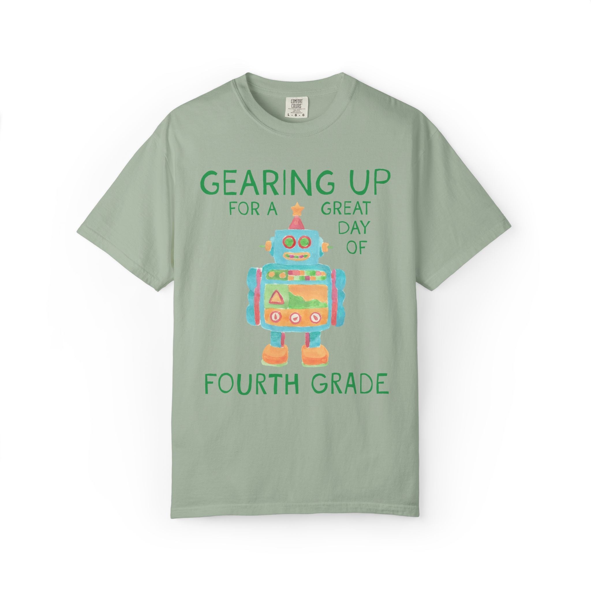 Fourth Grade Teacher Tee Shirt with Cute Little Robot: Gearing Up for a Great Day, Funny Science Lover Robotics Tee for New School Year - Opal and June