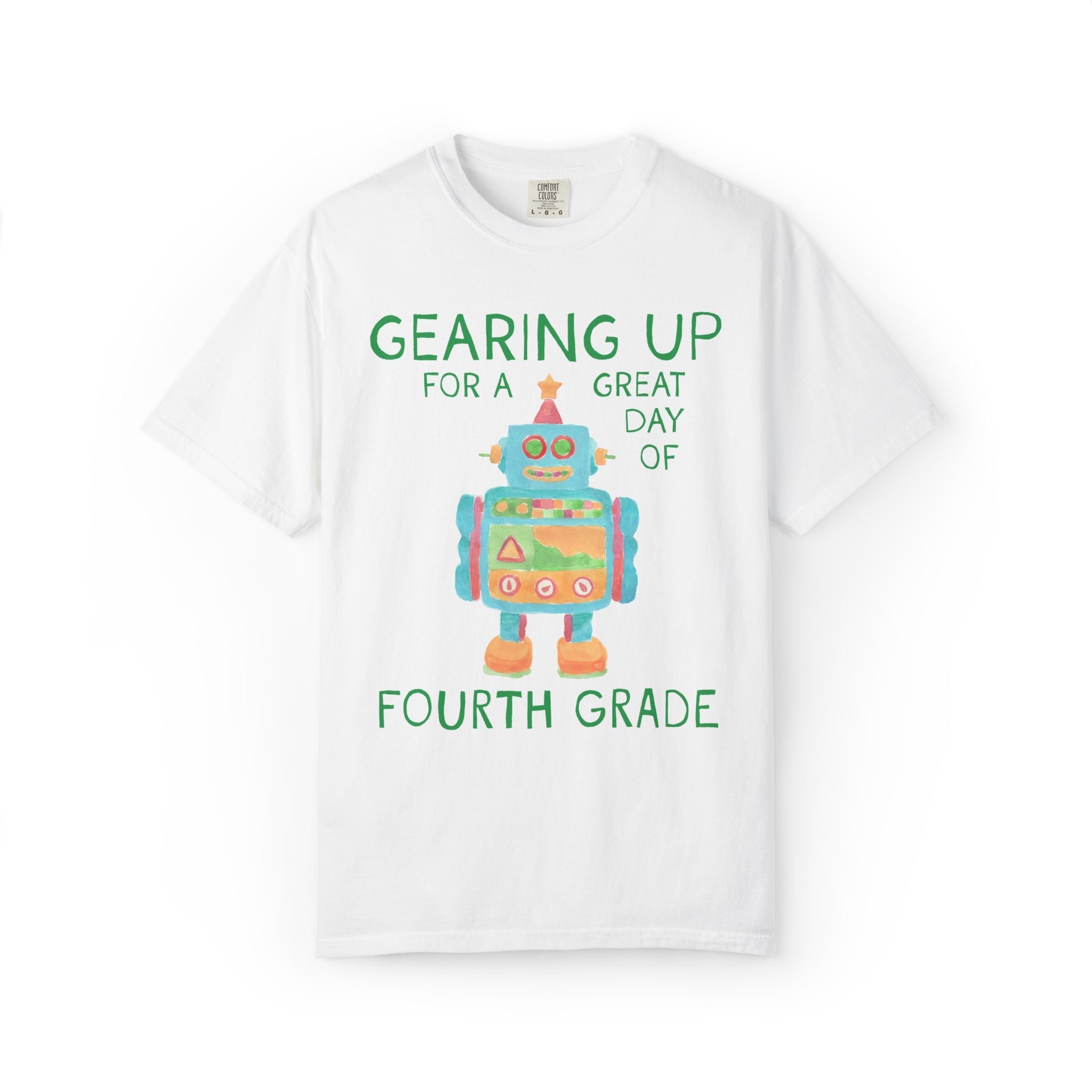 Fourth Grade Teacher Tee Shirt with Cute Little Robot: Gearing Up for a Great Day, Funny Science Lover Robotics Tee for New School Year - Opal and June