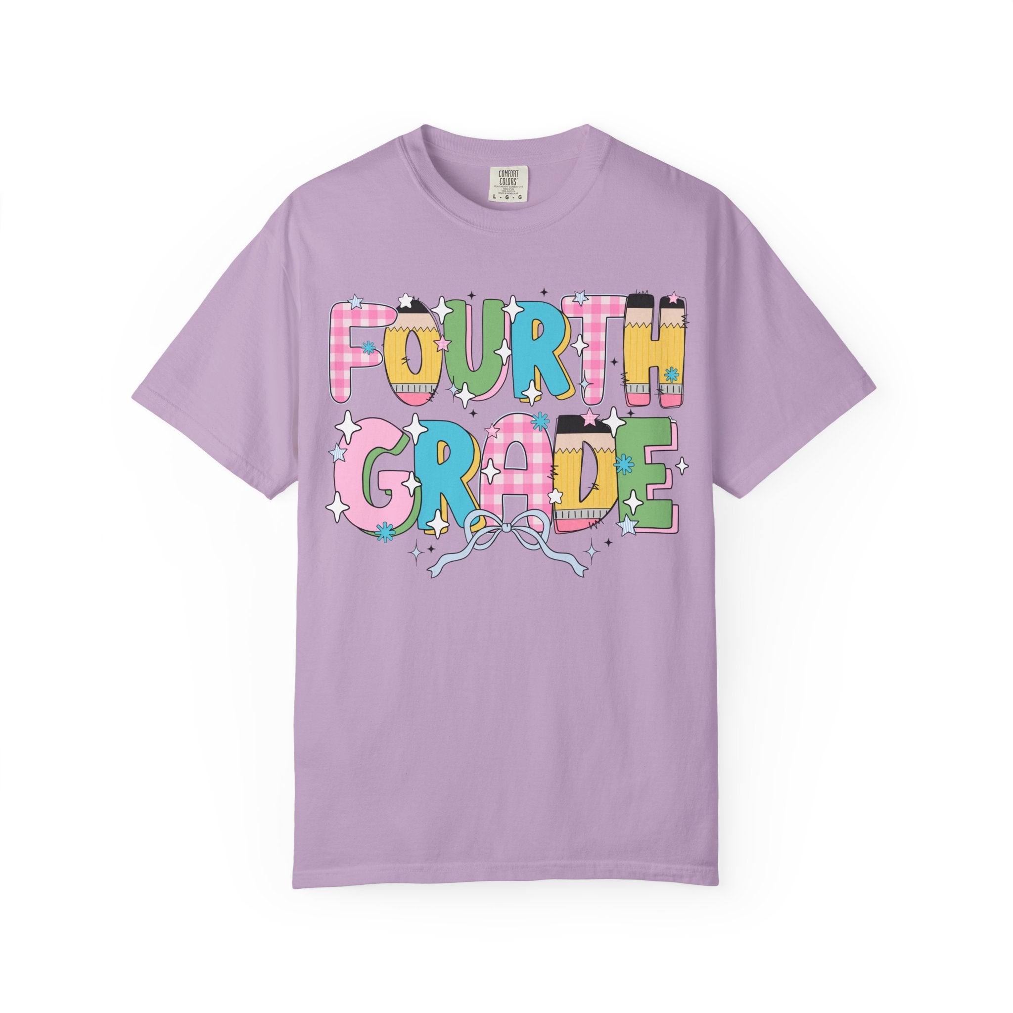 Fourth Grade Teacher Tee Shirt with Pink Gingham and Colorful Pencil Letters, Cute 90s Aesthetic Back to School Teacher T-Shirt with Stars - Opal and June