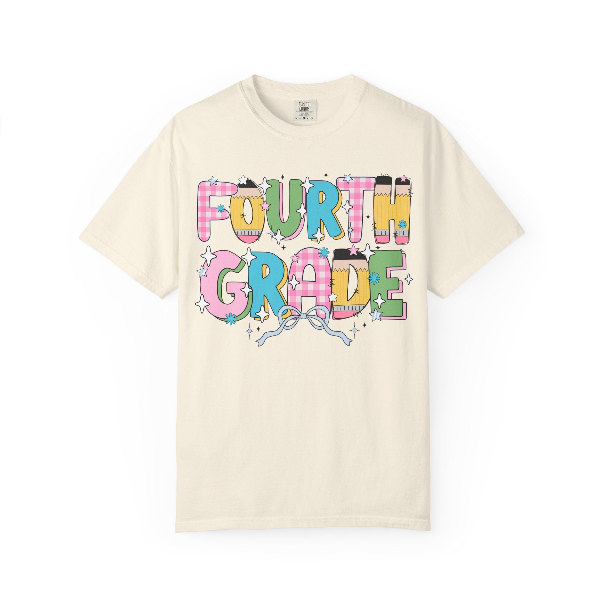 Fourth Grade Teacher Tee Shirt with Pink Gingham and Colorful Pencil Letters, Cute 90s Aesthetic Back to School Teacher T-Shirt with Stars - Opal and June