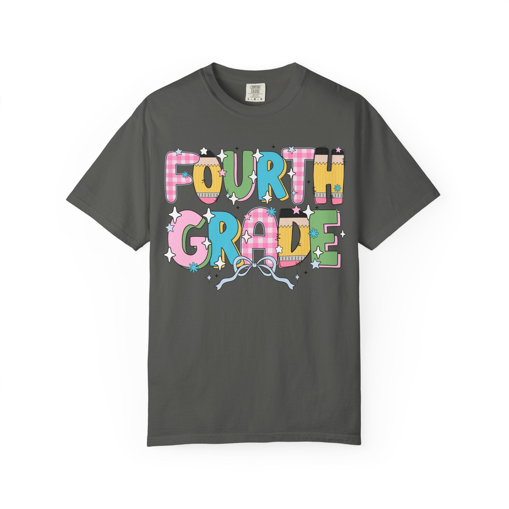 Fourth Grade Teacher Tee Shirt with Pink Gingham and Colorful Pencil Letters, Cute 90s Aesthetic Back to School Teacher T-Shirt with Stars - Opal and June