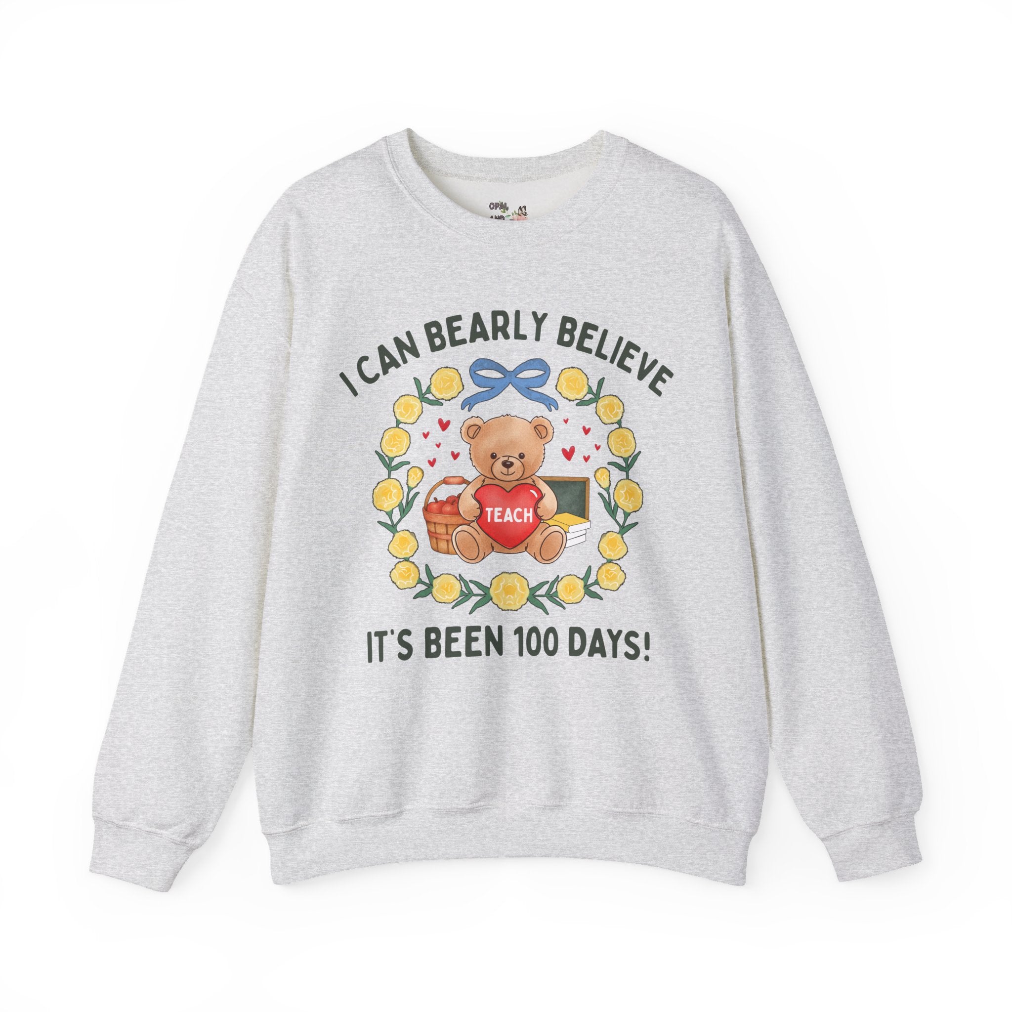 Funny 100 Days of School Cottagecore Bear Sweatshirt with Flowers: I Can Bearly Believe It's Been 100 Days, Cute Matching School Office Staff Crewneck - Opal and June