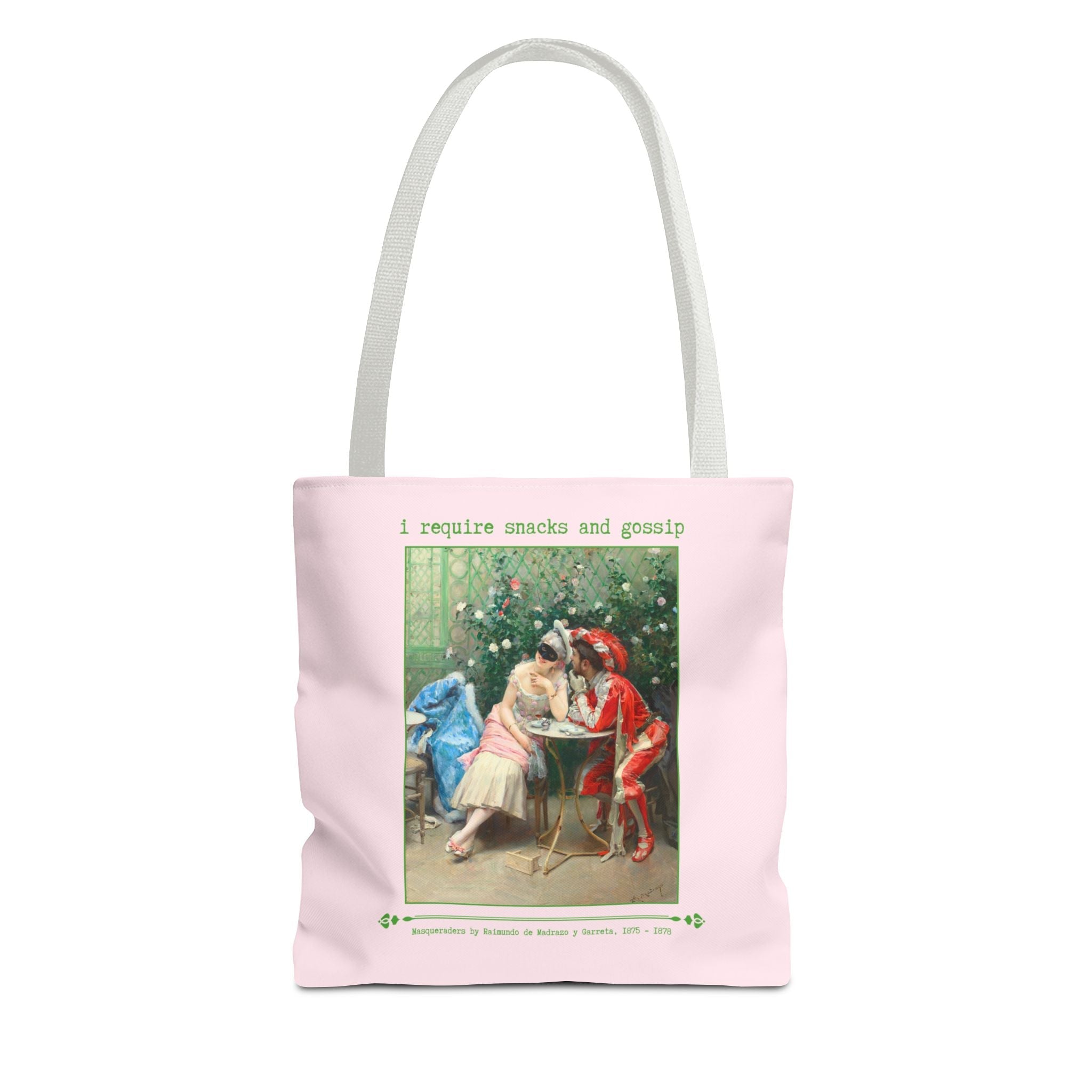 Funny Art History Tote Bag for Friend Who Loves Snacks and Rococo Art: I Require Snacks and Gossip, Silly Vintage Aesthetic Bag with Flowers - Opal and June