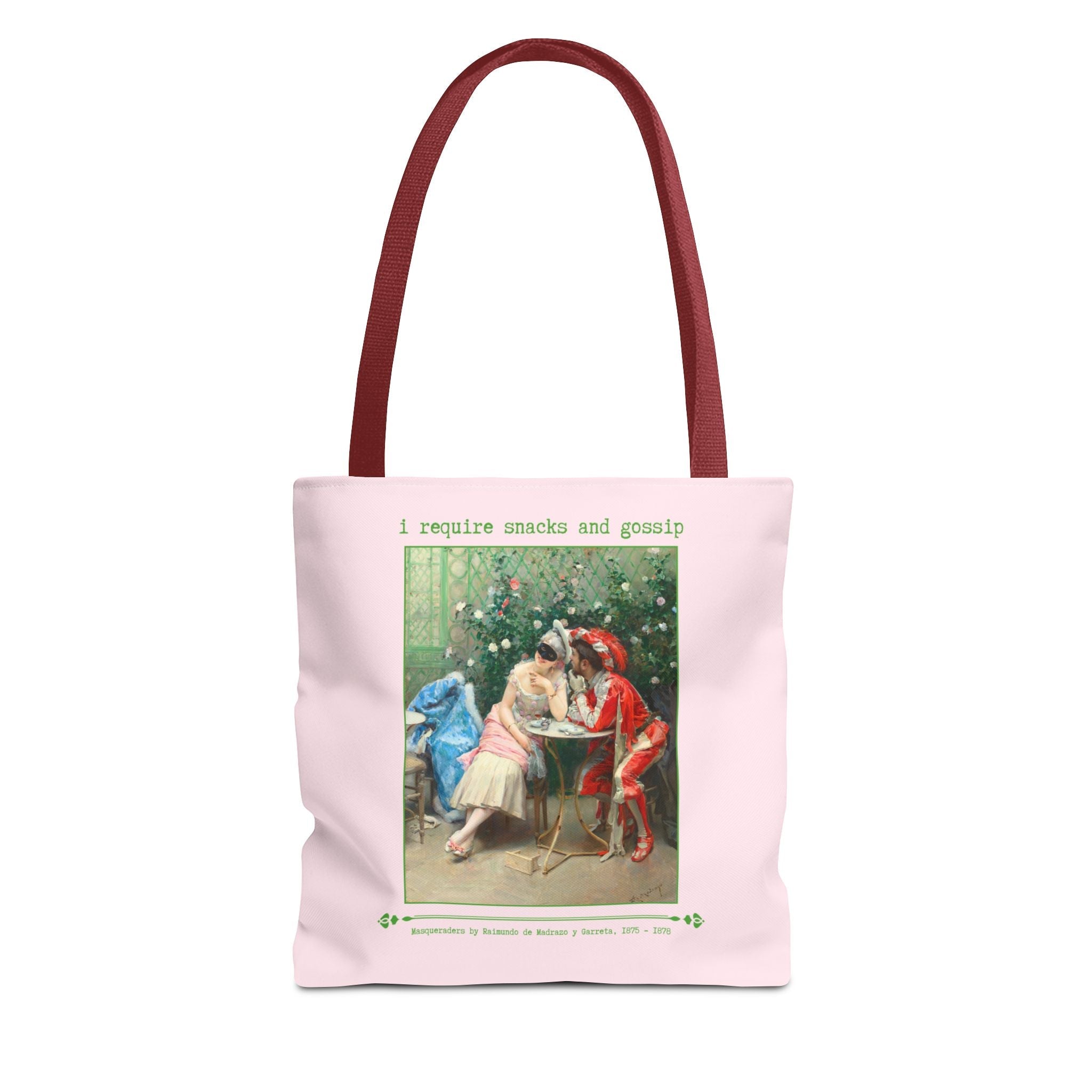 Funny Art History Tote Bag for Friend Who Loves Snacks and Rococo Art: I Require Snacks and Gossip, Silly Vintage Aesthetic Bag with Flowers - Opal and June