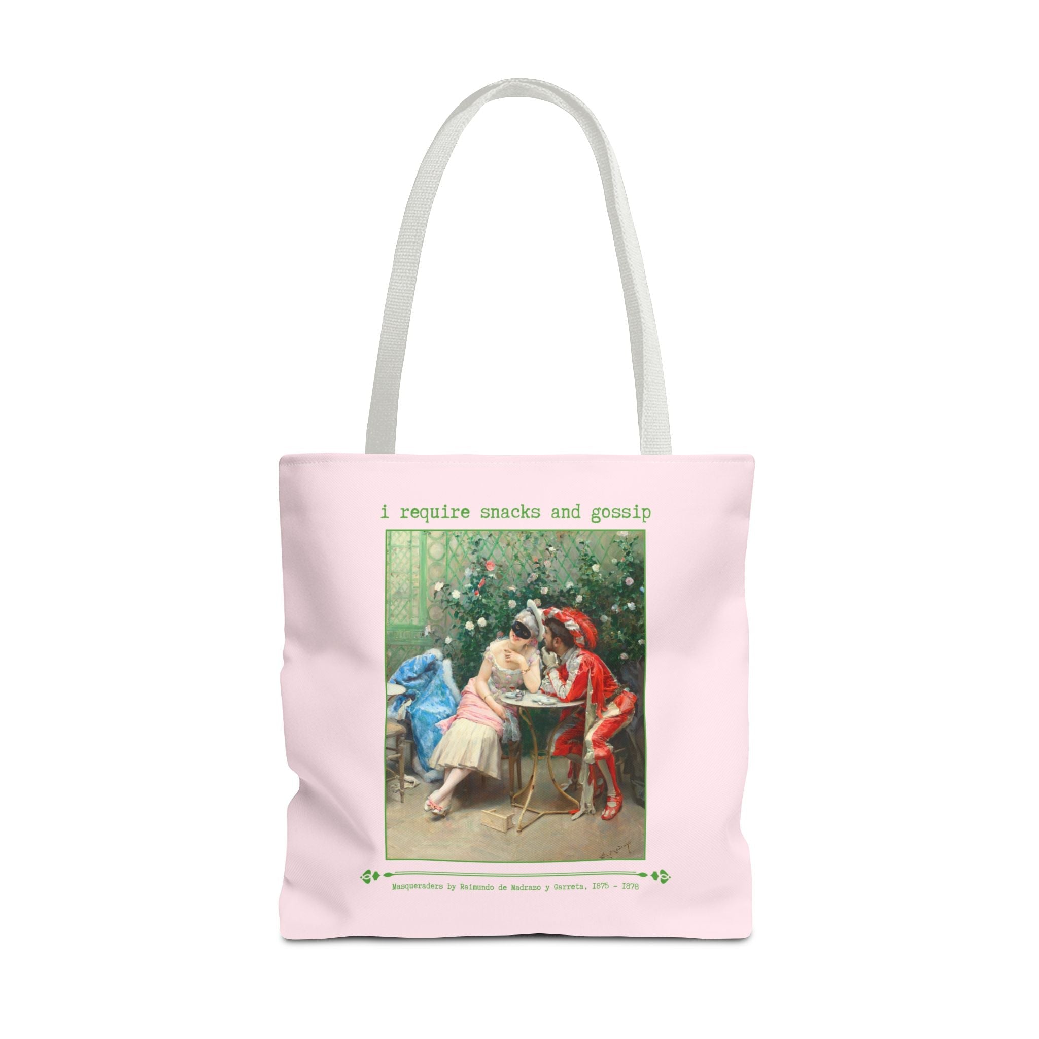 Funny Art History Tote Bag for Friend Who Loves Snacks and Rococo Art: I Require Snacks and Gossip, Silly Vintage Aesthetic Bag with Flowers - Opal and June