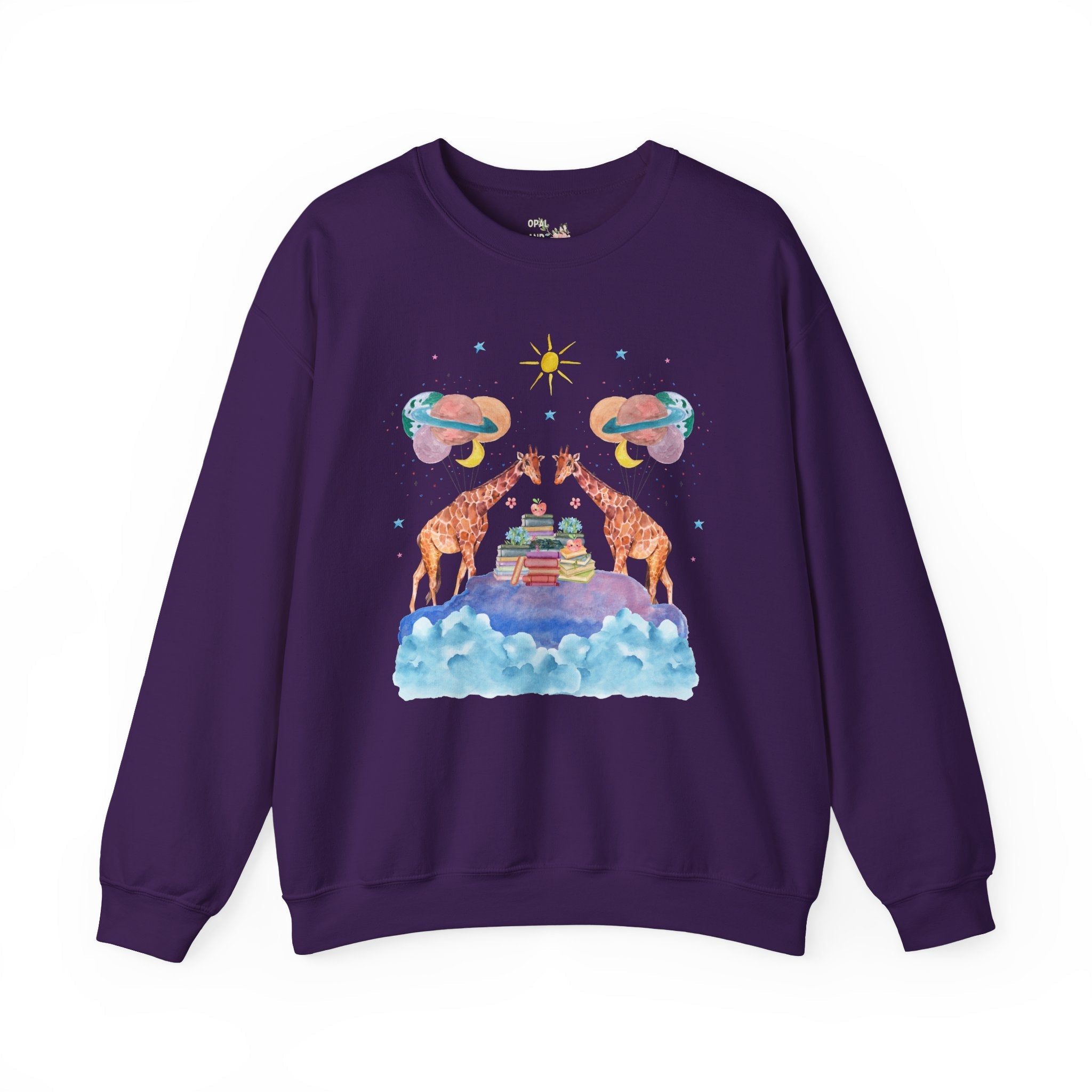 Funny Bookish Giraffe: Loud Space Sweatshirt with Balloons and Clouds | Giraffe Lover Gift, Colorful Dreamcore Aesthetic Shirt with Stars - Opal and June