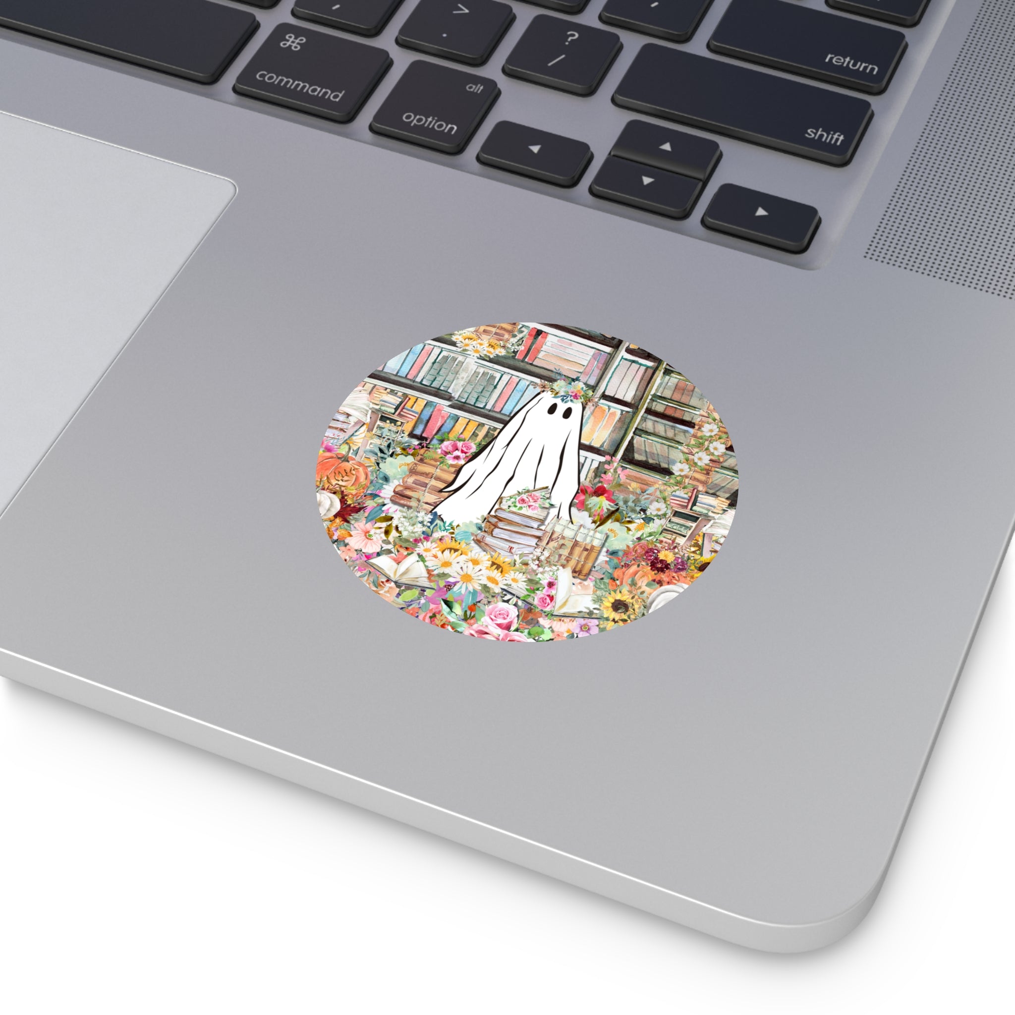 Funny Bookish Sticker for Book Lover: Floral Ghost in Library, Goblincore Book Lover Gift, Romance Reader, Bookworm Who Loves Ghost Stories - Opal and June