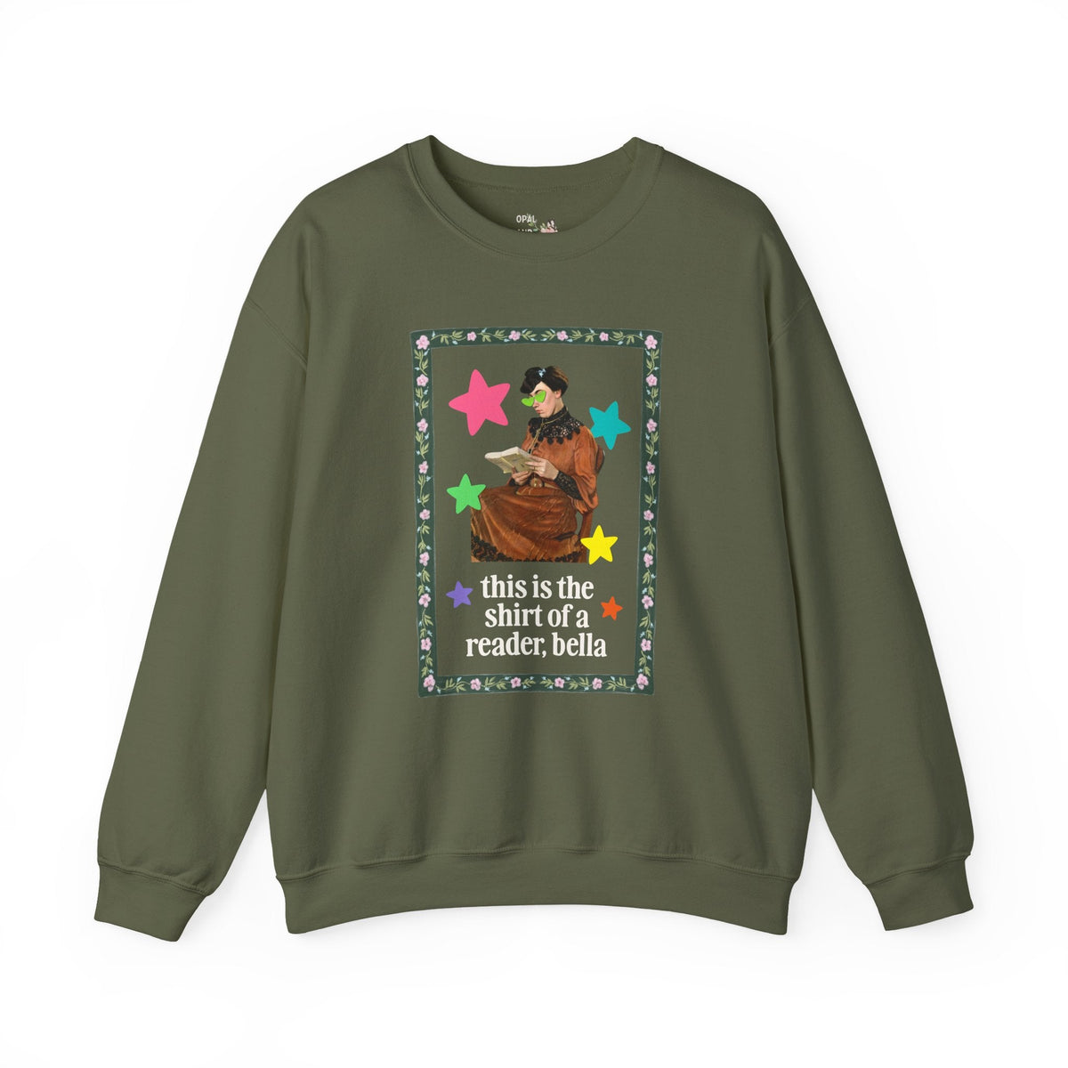 Funny Bookish Sweatshirt for Romance Reader Who Loves Early 2000s Novels, Silly Ary History Buff Crewneck with Stars, Painting of Woman Reading - Opal and June