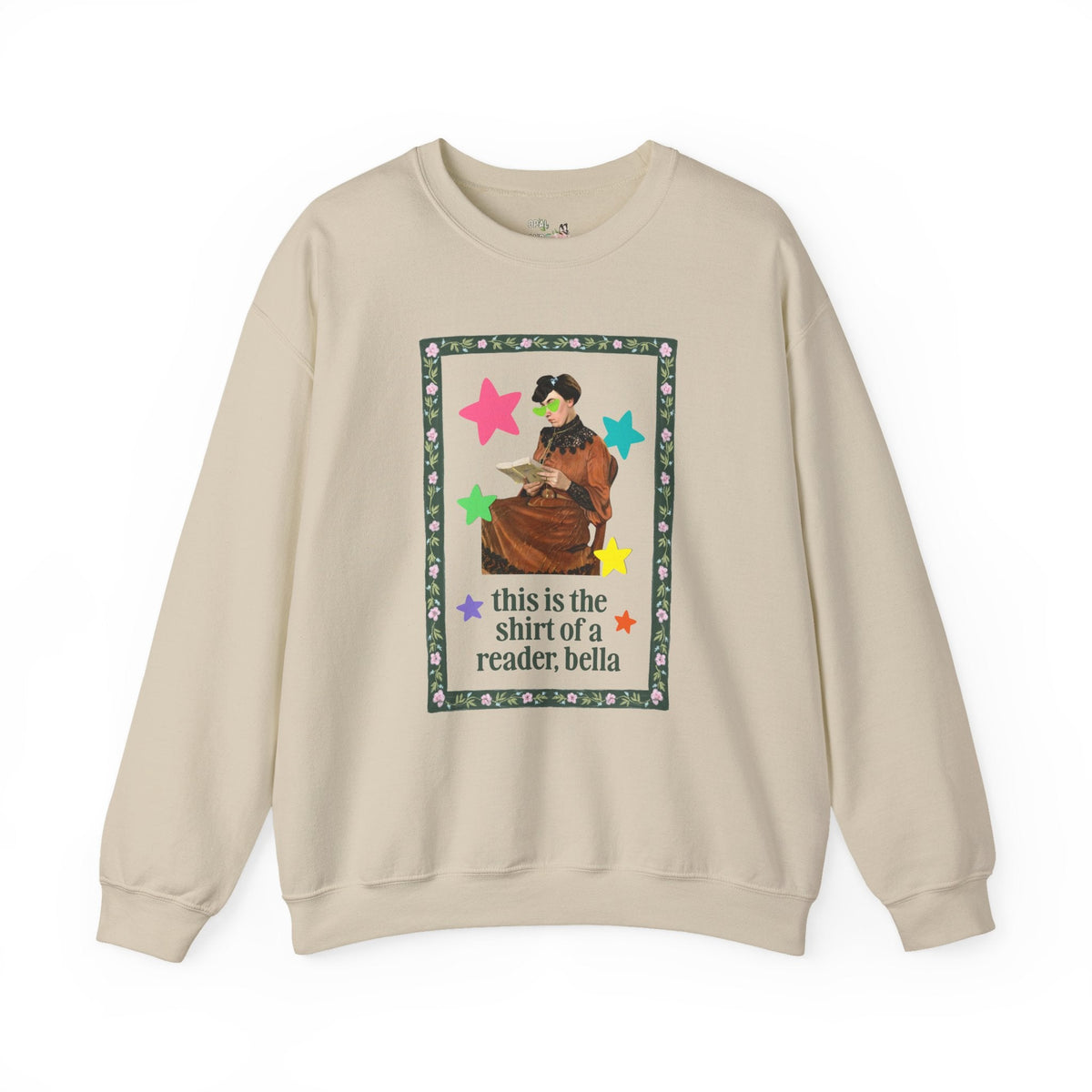 Funny Bookish Sweatshirt for Romance Reader Who Loves Early 2000s Novels, Silly Ary History Buff Crewneck with Stars, Painting of Woman Reading - Opal and June